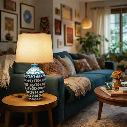 Front. FC Design - 23"H White Vase w/ Light Brown Geometric Pattern Table Lamp.