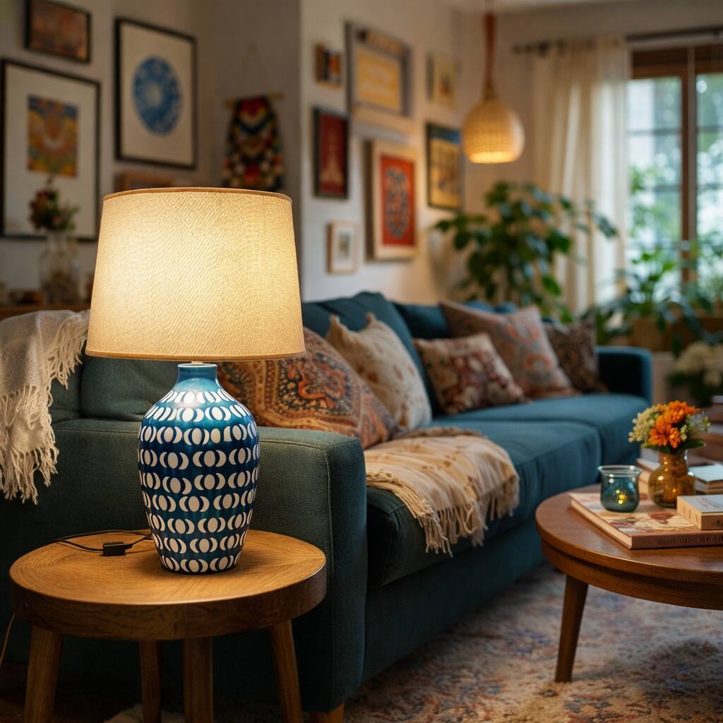 Front. FC Design - 23"H White Vase w/ Light Brown Geometric Pattern Table Lamp.