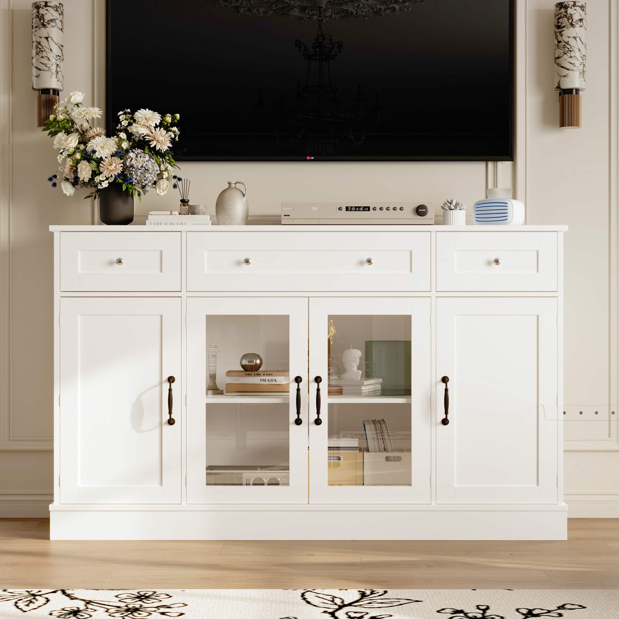 Front. Famapy - Classic European Style Upto 55" TV Stand with Storage Cabinets and Glass Doors, Elegant Media Console for Living Room - White.
