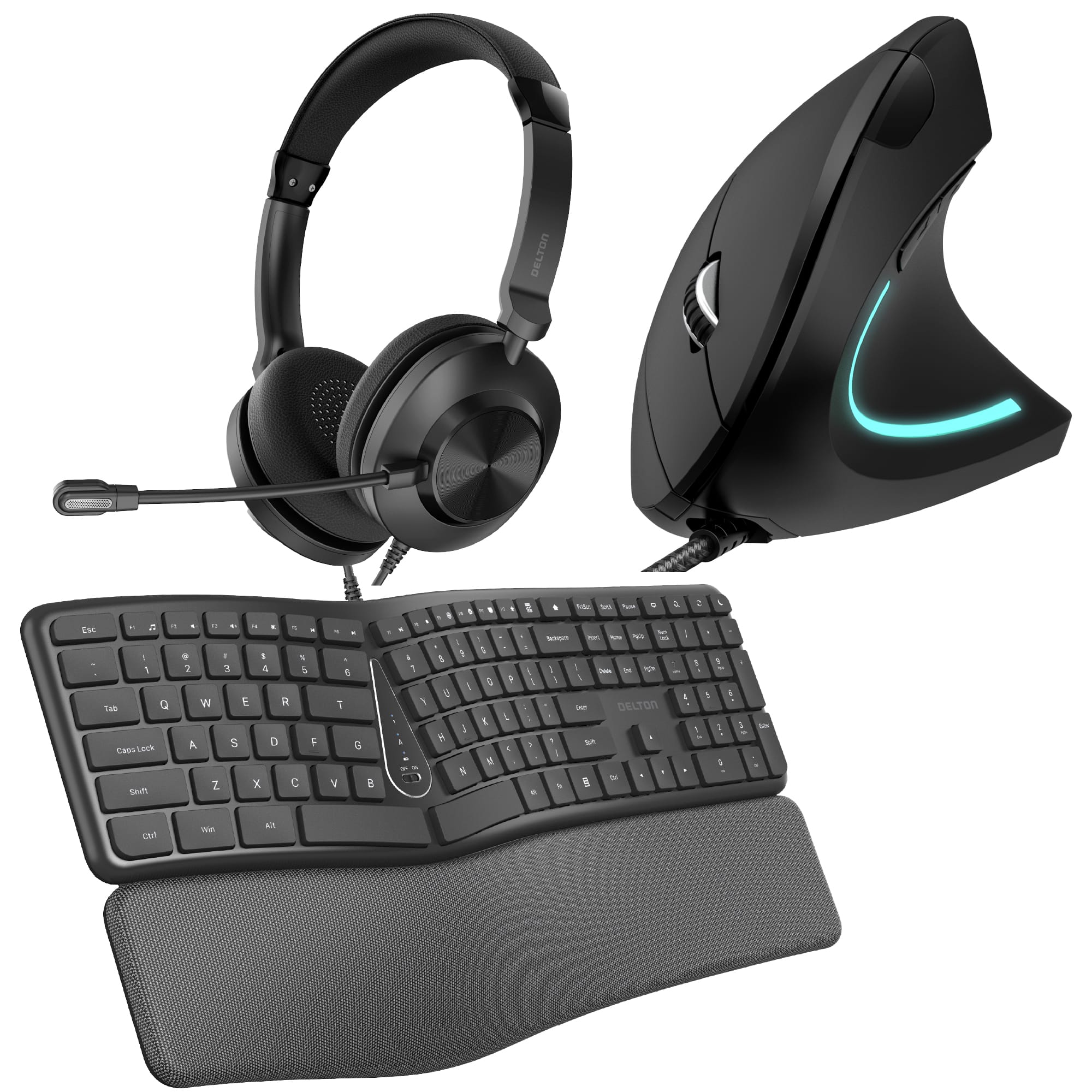 Delton - E250 Wired Ergonomic Keyboard with Vertical Mouse and USB Headset with Microphone - Black