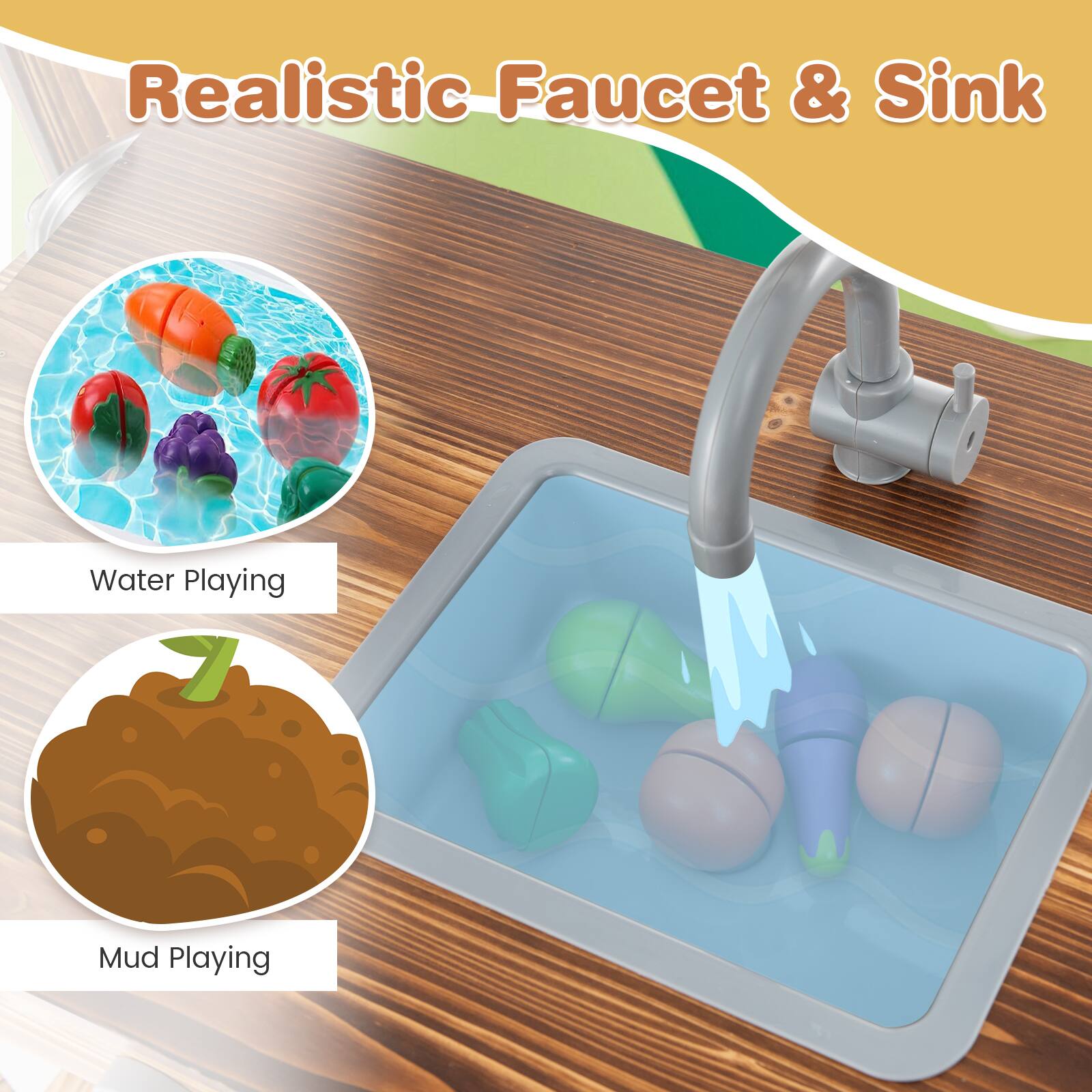 Realistic Faucet & Sink
Water Playing
Mud Playing