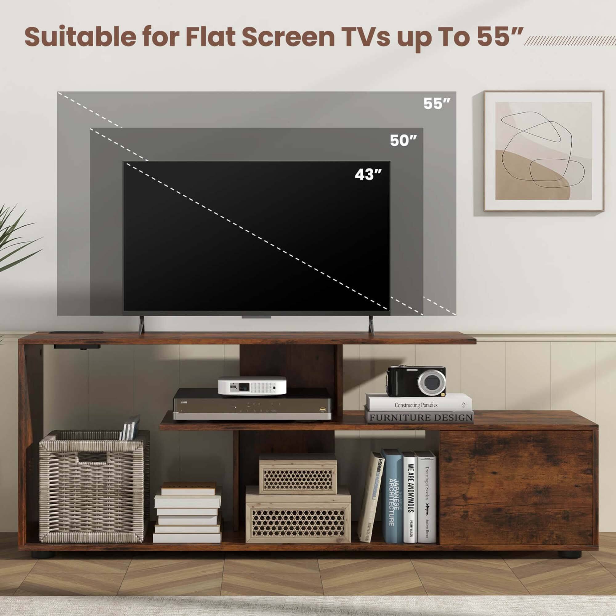 The text on the image reads: "Suitable for Flat Screen TVs up to 55" 50" 43" Constructing Paracies D Furniture Design I Architecture 3 Japanese LRE IE Anonymous."