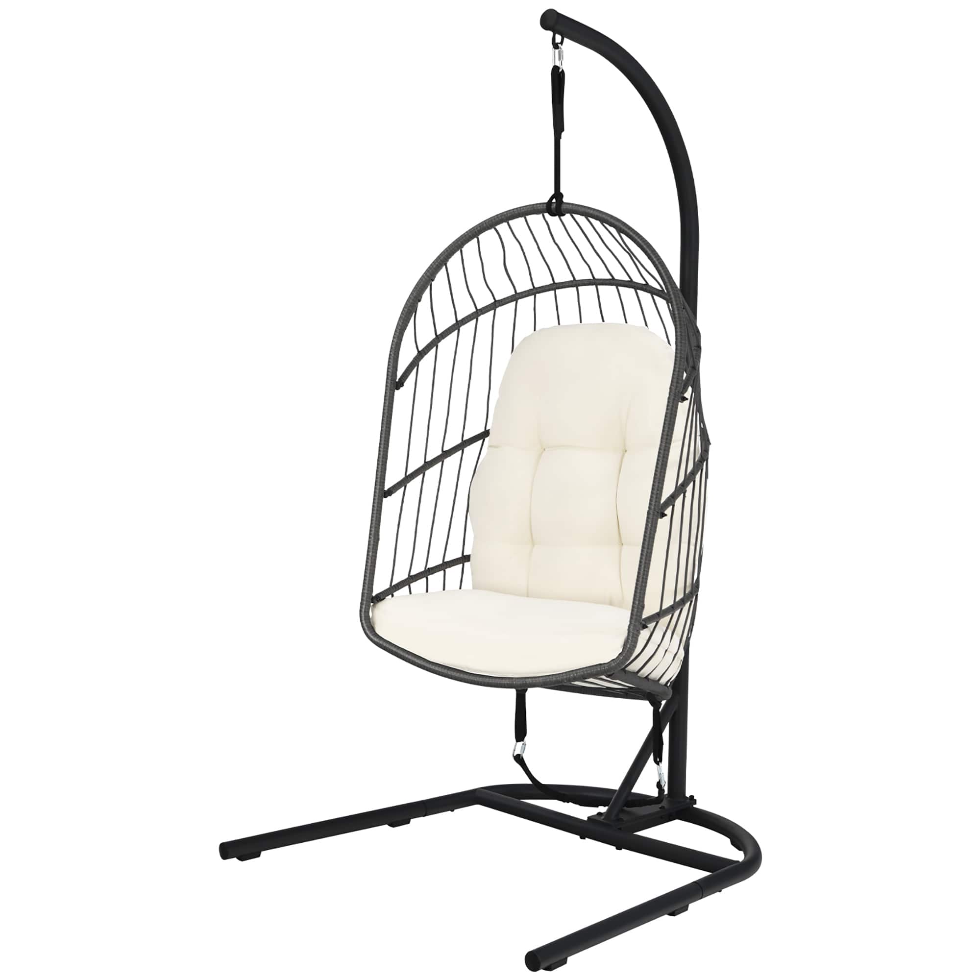 Costway - Hanging Wicker Egg Chair w/ Stand Cushion Foldable Outdoor Indoor - Beige