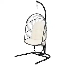 Costway - Hanging Wicker Egg Chair w/ Stand Cushion Foldable Outdoor Indoor - Beige