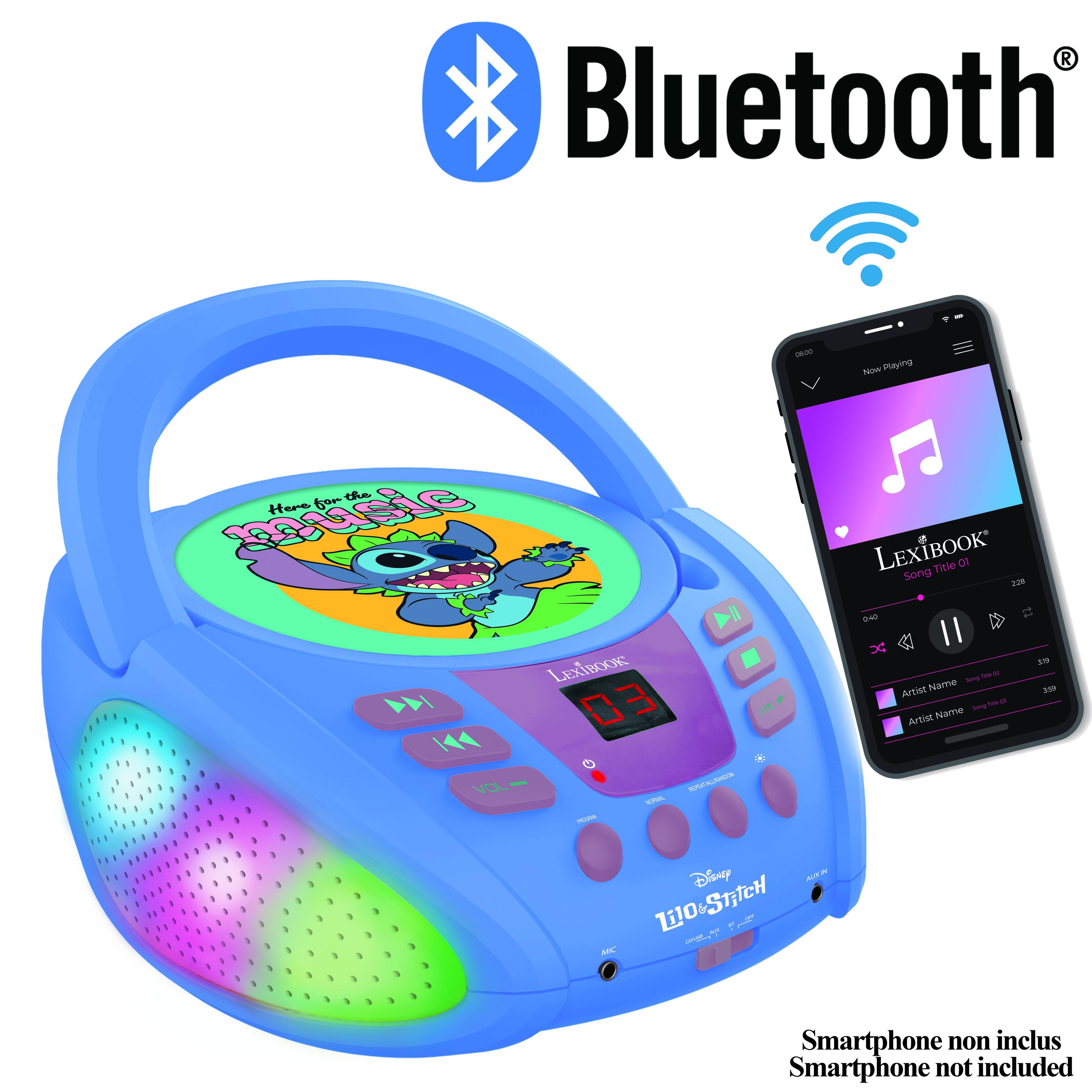 Bluetooth®

New playing fan e Here usi Il LEXIBOOK 4.03

T I1 VOL - PP LEXIBOOK

Title 0r Song a aa I1 - - - Artist Name - - Artist Name i a5 - Disney AUT 10StTCH 110 : 1

Smartphone non inclus
Smartphone not included