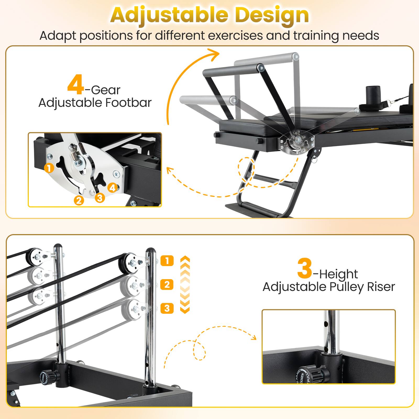 Adjustable Design  
Adapt positions for different exercises and training needs  

4-Gear Adjustable Footbar  
1 2 3 4  

3-Height Adjustable Pulley Riser