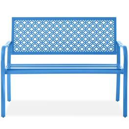 Best Choice Products - Indoor Outdoor Steel Garden Bench w/ Geometric Backrest, Foot Levelers - Ocean Blue