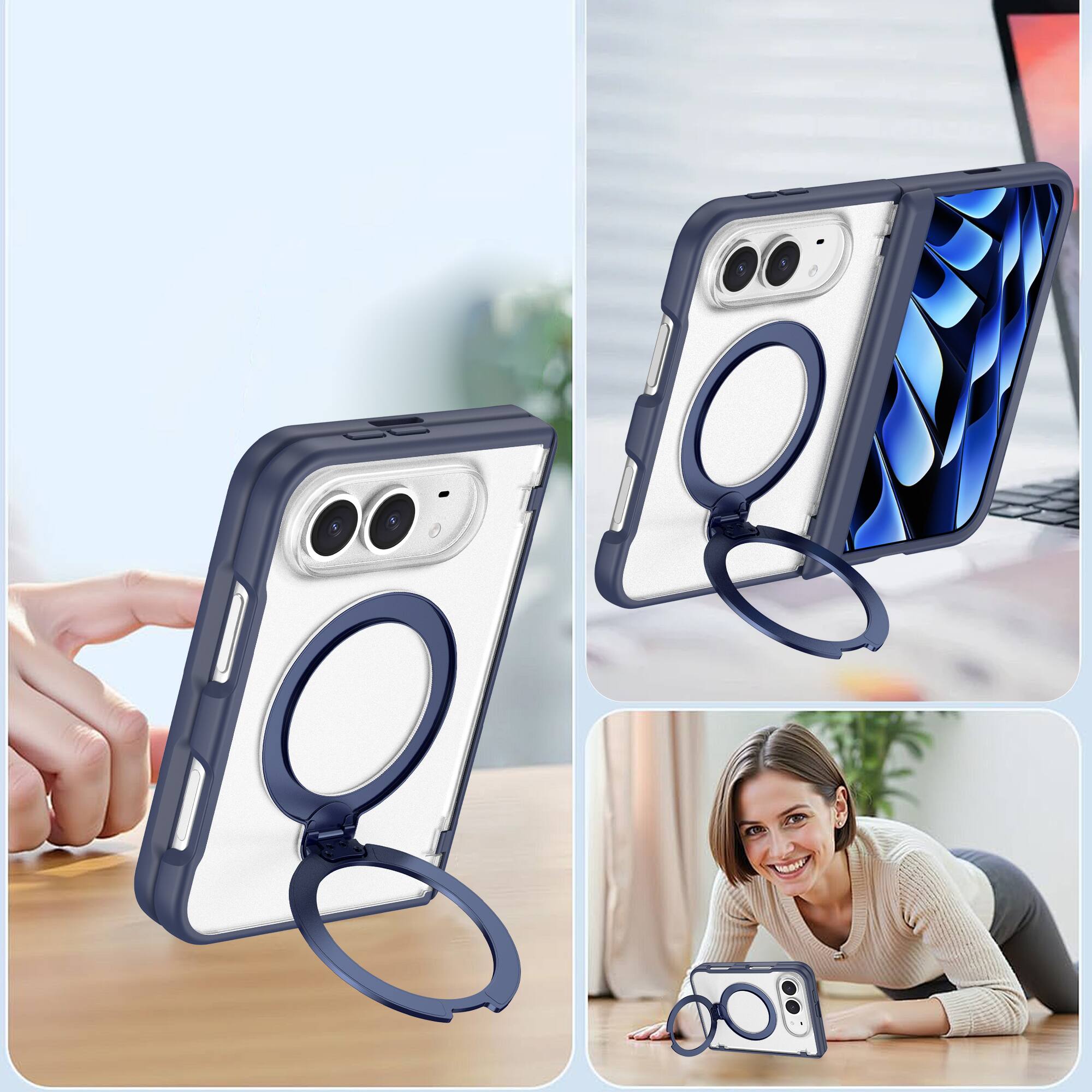 Alt View 2. Dteck - For iPhone Duo Magnetic Case Built-in Screen Protector,Shockproof Ring Stand Clear Back Hinge Protection Cover - Blue.