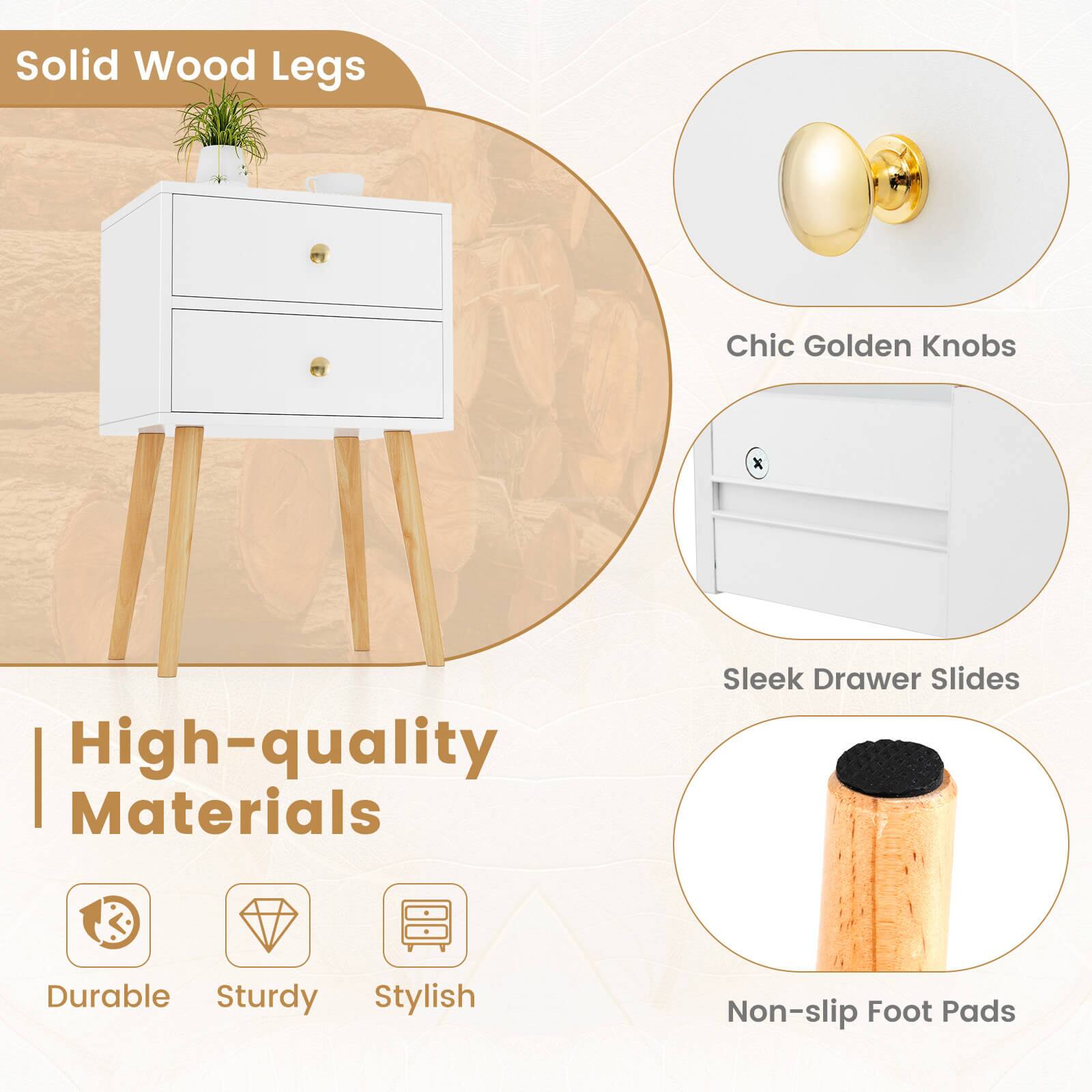 Solid Wood Legs  
Chic Golden Knobs  
High-quality Materials  
Sleek Drawer Slides  
Non-slip Foot Pads  

Durable  
Sturdy  
Stylish