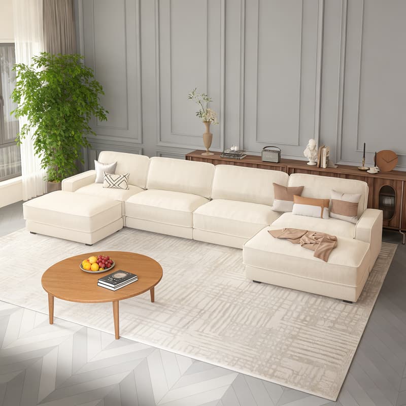 Vipbear - 158" Modular Sectional Sofa, L Shaped Sofa Couch with Reversible Ottoman, Combination Chenille Deep 6-Seat Cloud Couch - Beige