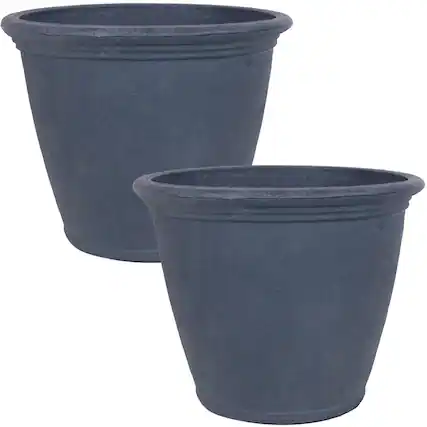 Front. Sunnydaze - 24 in Anjelica Dual-Wall Polyresin Planter - Set of 2 - Slate.