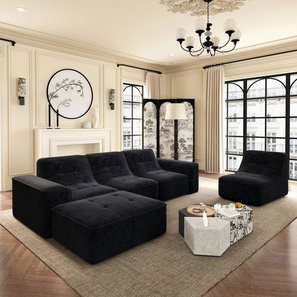 Angle. Kadyn - 107" Left Chaise Sectional Sofa, L-Shaped Cloud Design with Corduroy Upholstery, Ready to Use, Grey - Black.