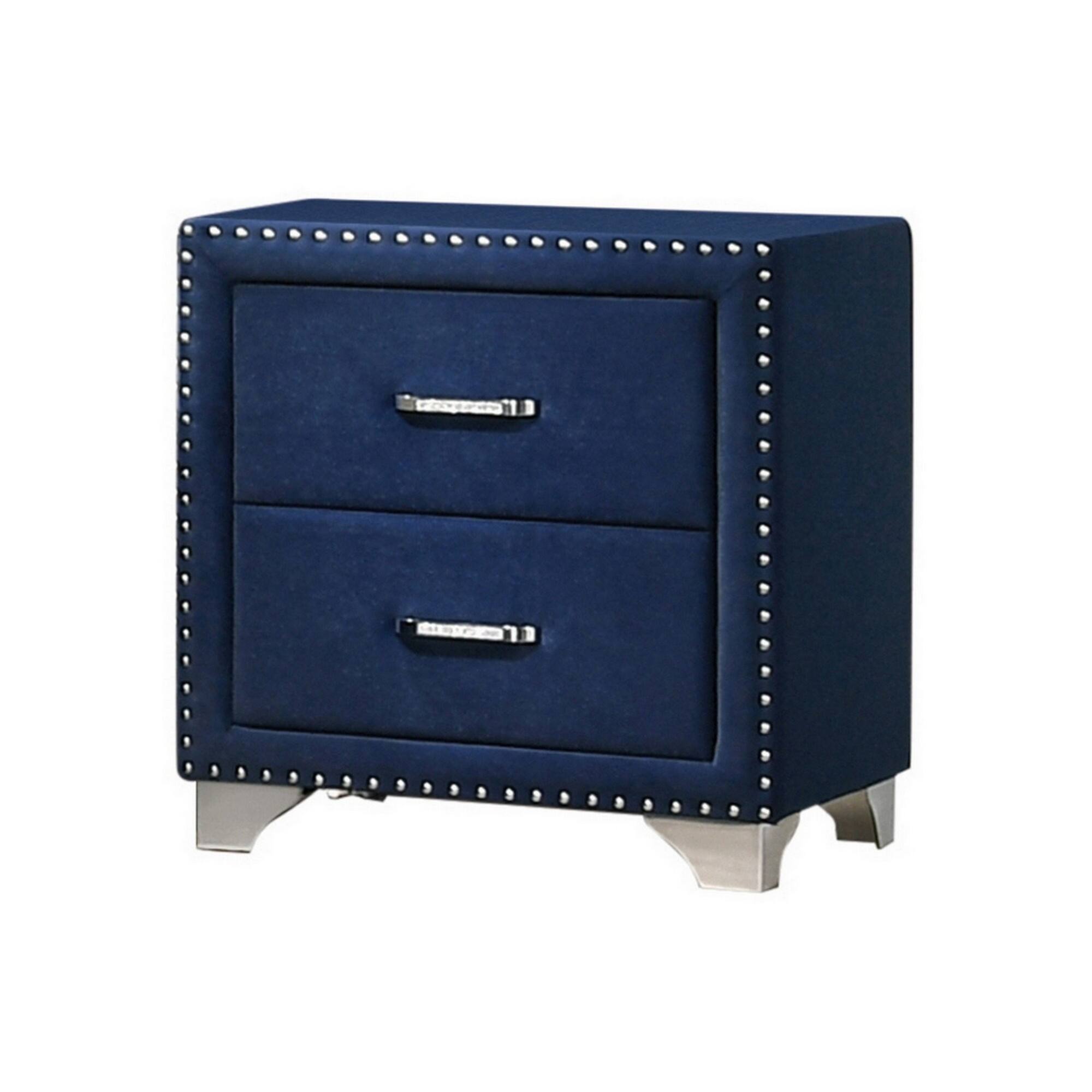 Front. Manhattan Lane - Cale 26 Inch Modern Wood Nightstand, Velvet Upholstered, Nailhead - Blue, Chrome.