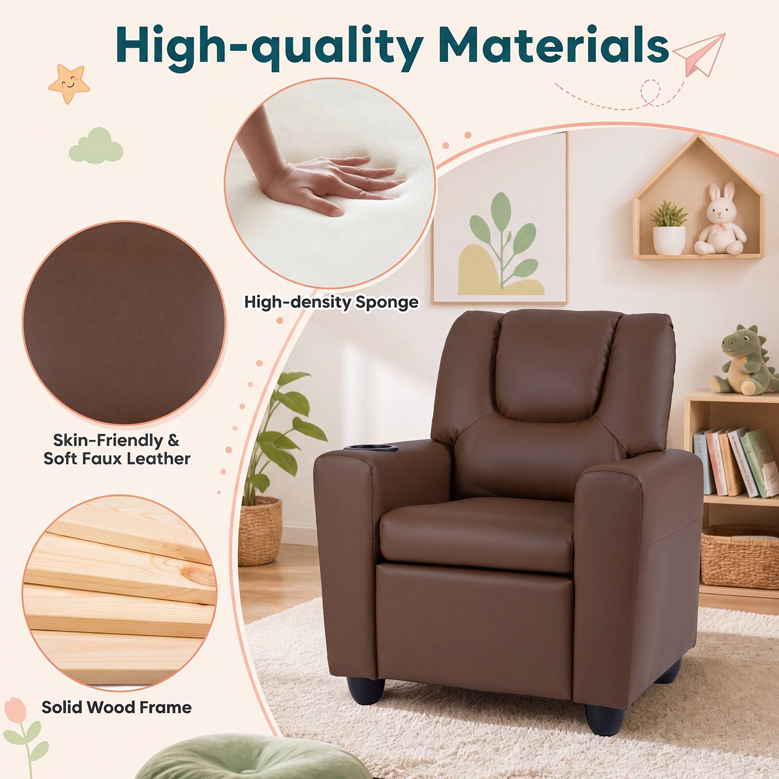 High-quality Materials
High-density Sponge
Skin-Friendly & Soft Faux Leather
Solid Wood Frame