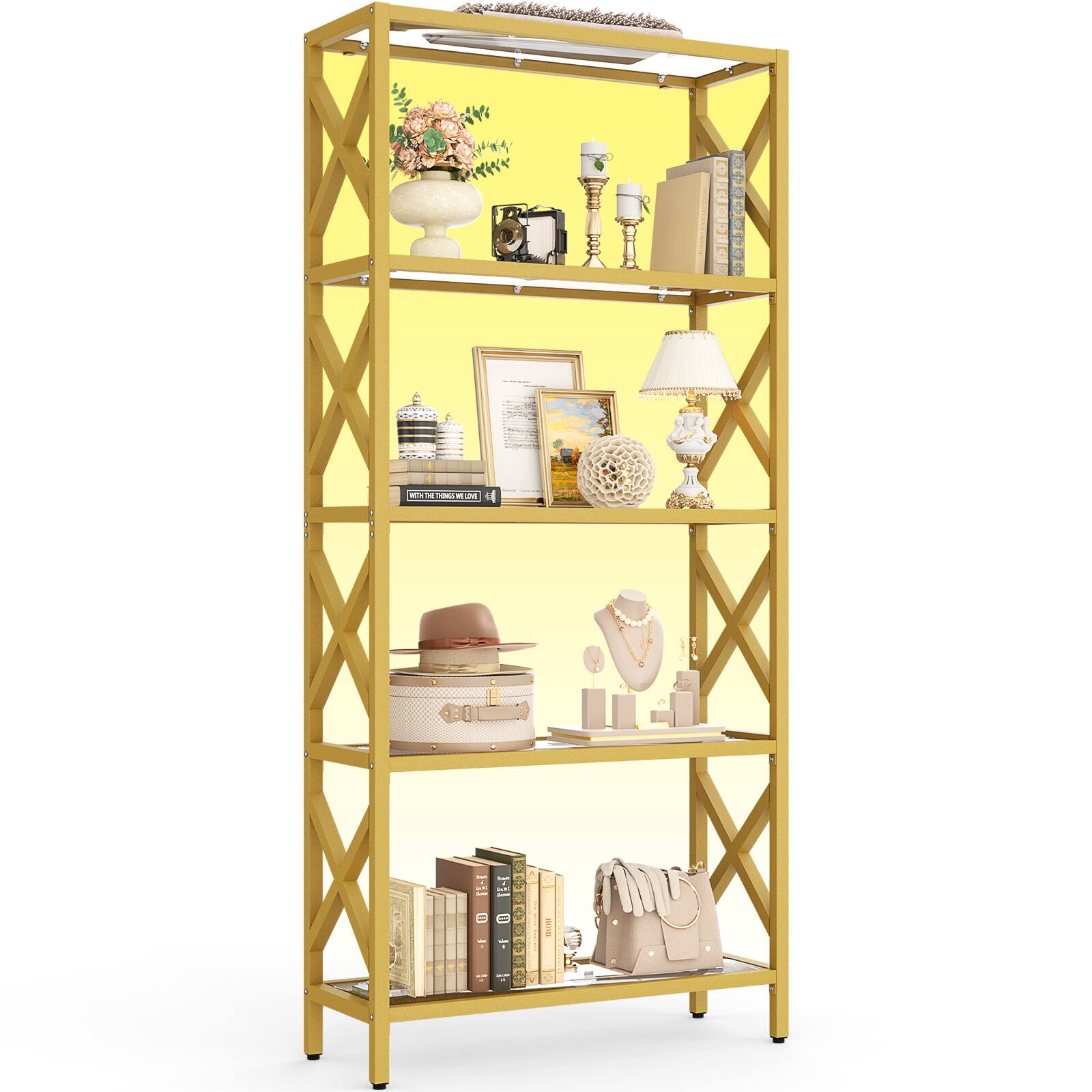 Angle. Aheaplus - 5-Tier LED Display Bookshelf - Gold Tempered Glass Storage Rack with Heavy-Duty Metal Frame for Living Room, Office - Gold.