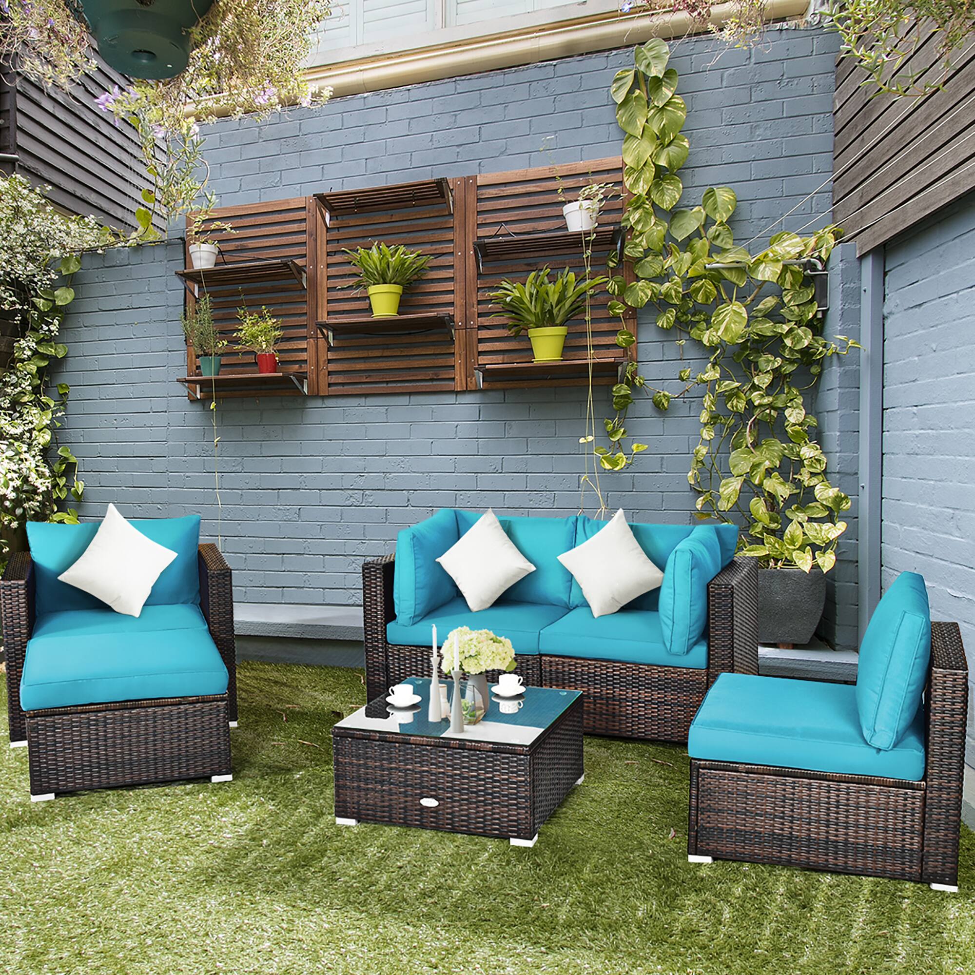 Alt View 1. Costway - 6PCS Patio Rattan Furniture Set Cushion Sofa Coffee Table - Turquoise.