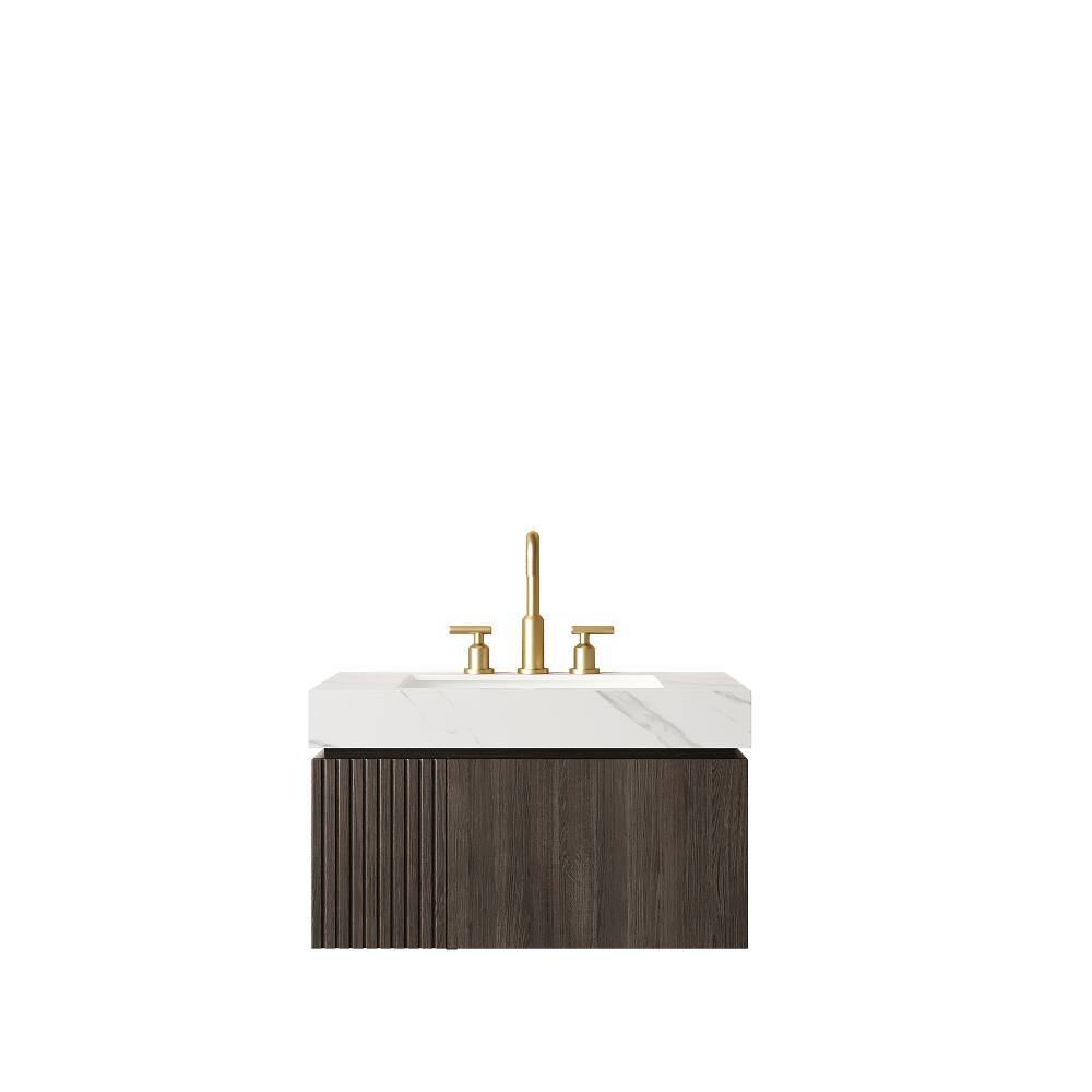 Left. JUJABU - 30" Floating Bathroom Vanity & Sink, Carrara White Sintered Stone Top & Ceramic Basin - Carrara White.