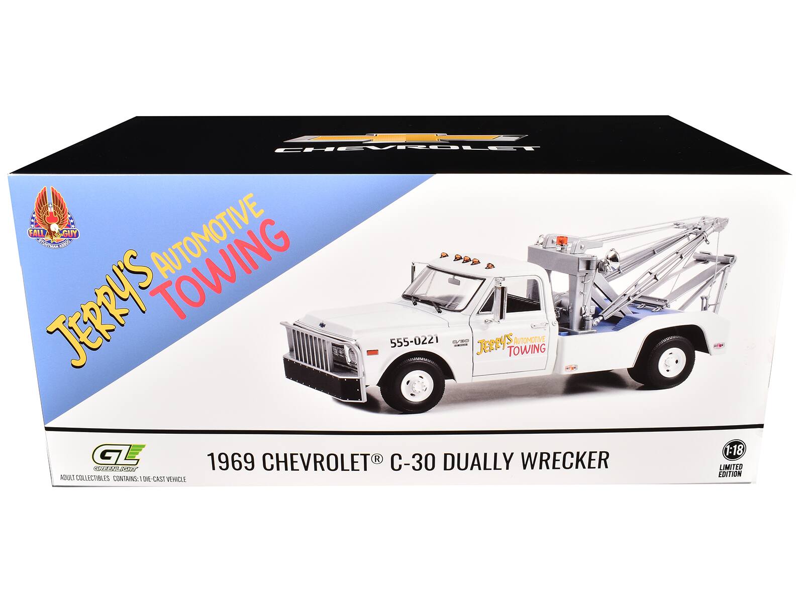CHEVROLET FALL GUY 12 MAM GVSS JERRY'S TOWING 555-0221 8/ JERRYS AUTOMOTIVE TOWING GL 1969 CHEVROLET R C-30 DUALLY WRECKER 022250 ADULT COLLECTIBLES CONTAINS: DIE-CAST VEHICLE 1:18 LIMITED EDITION