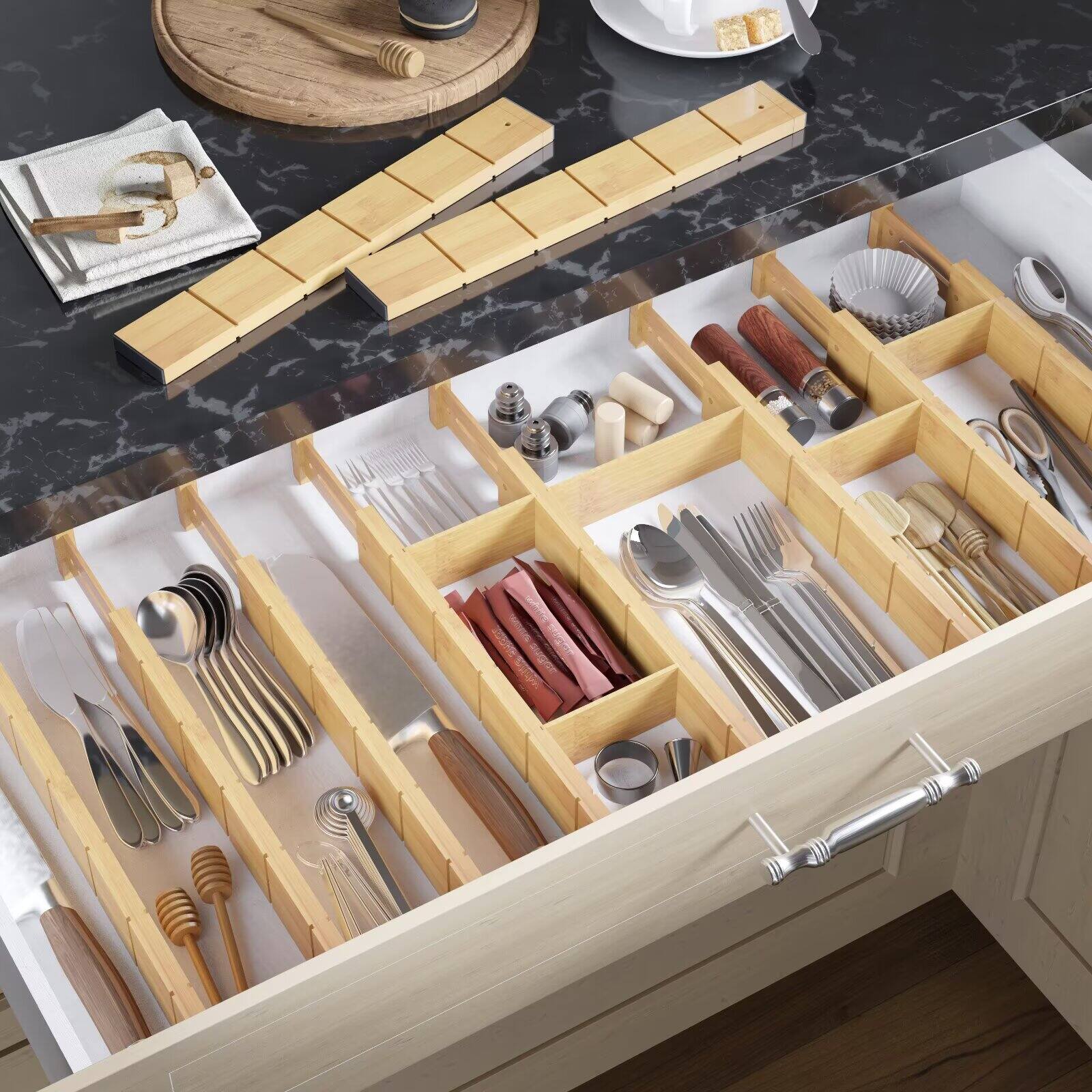 Angle. Tooloton - Adjustable Bamboo Drawer Organizer Set, Expandable Divider, 10 Dividers & 24 Inserts, Natural 17-22 Inch - Natural.