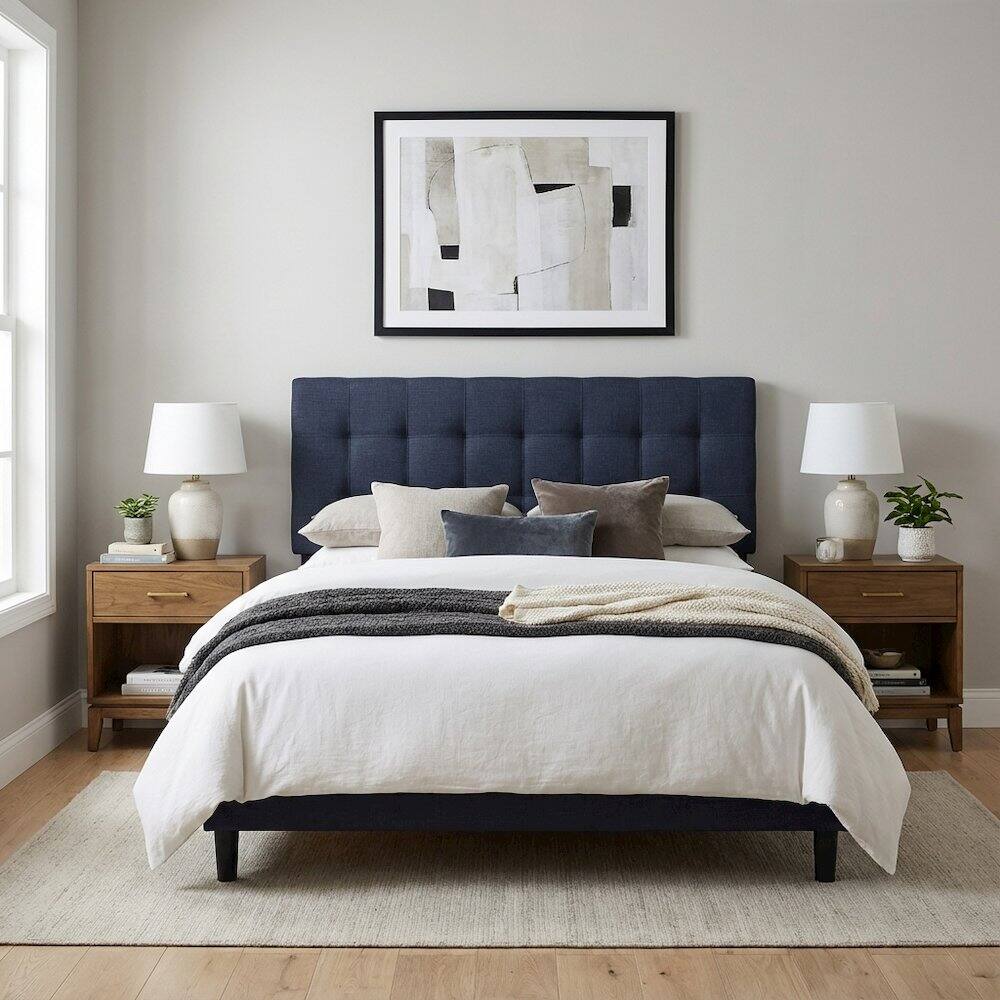Left. FurniFact - Upholstered Full Fabric Headboard with Soft Padding and Sturdy Frame - Blue.