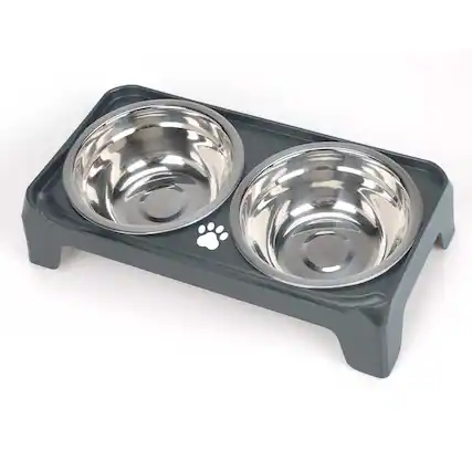 Front. Supet - Stainless Steel Double Bowl with Square Stand for Puppies & Cats - Grey.
