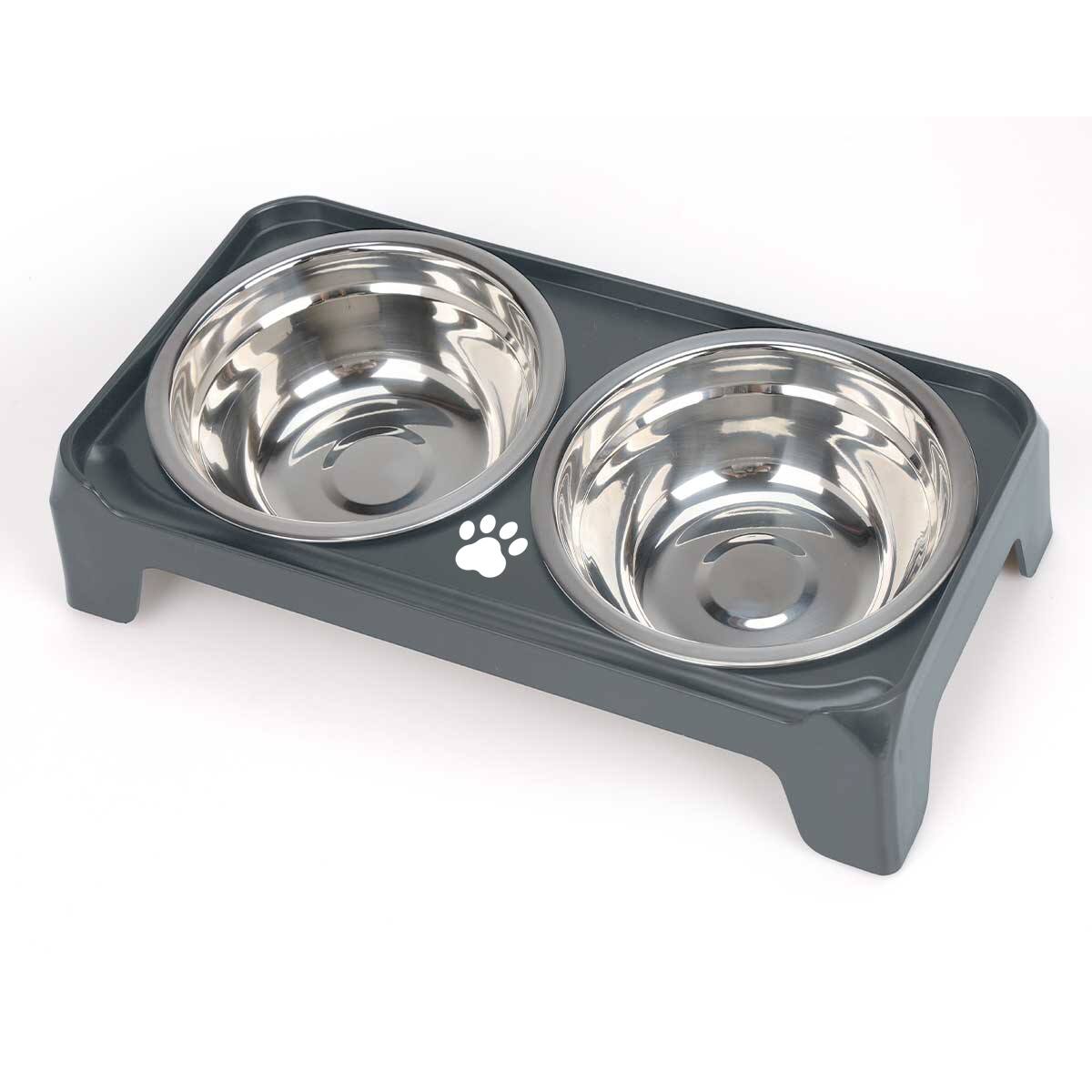 Front. Supet - Stainless Steel Double Bowl with Square Stand for Puppies & Cats - Grey.