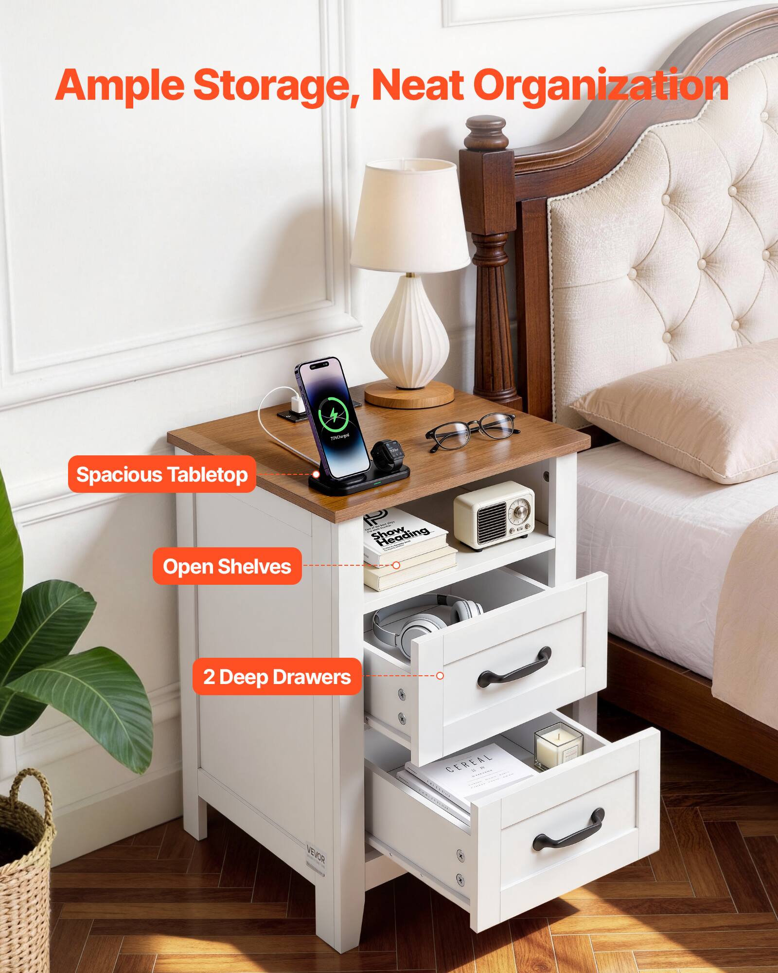 Ample Storage, Neat Organization

- Spacious Tabletop
- Open Shelves
- 2 Deep Drawers