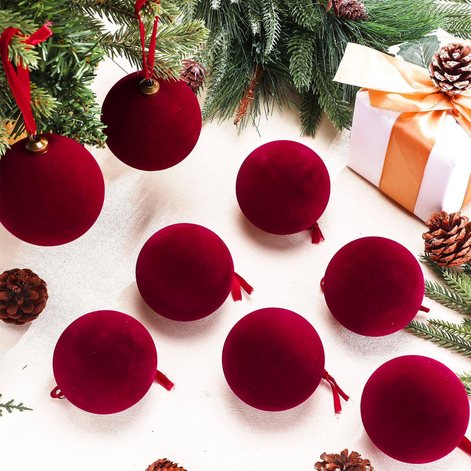 Alt View 1. Stylel Star - 32 Burgundy Christmas Balls Bulk - 3.15 Inch Flocked Tree Ball Ornaments Xmas Shatterproof Hanging For Garland - Burgundy.