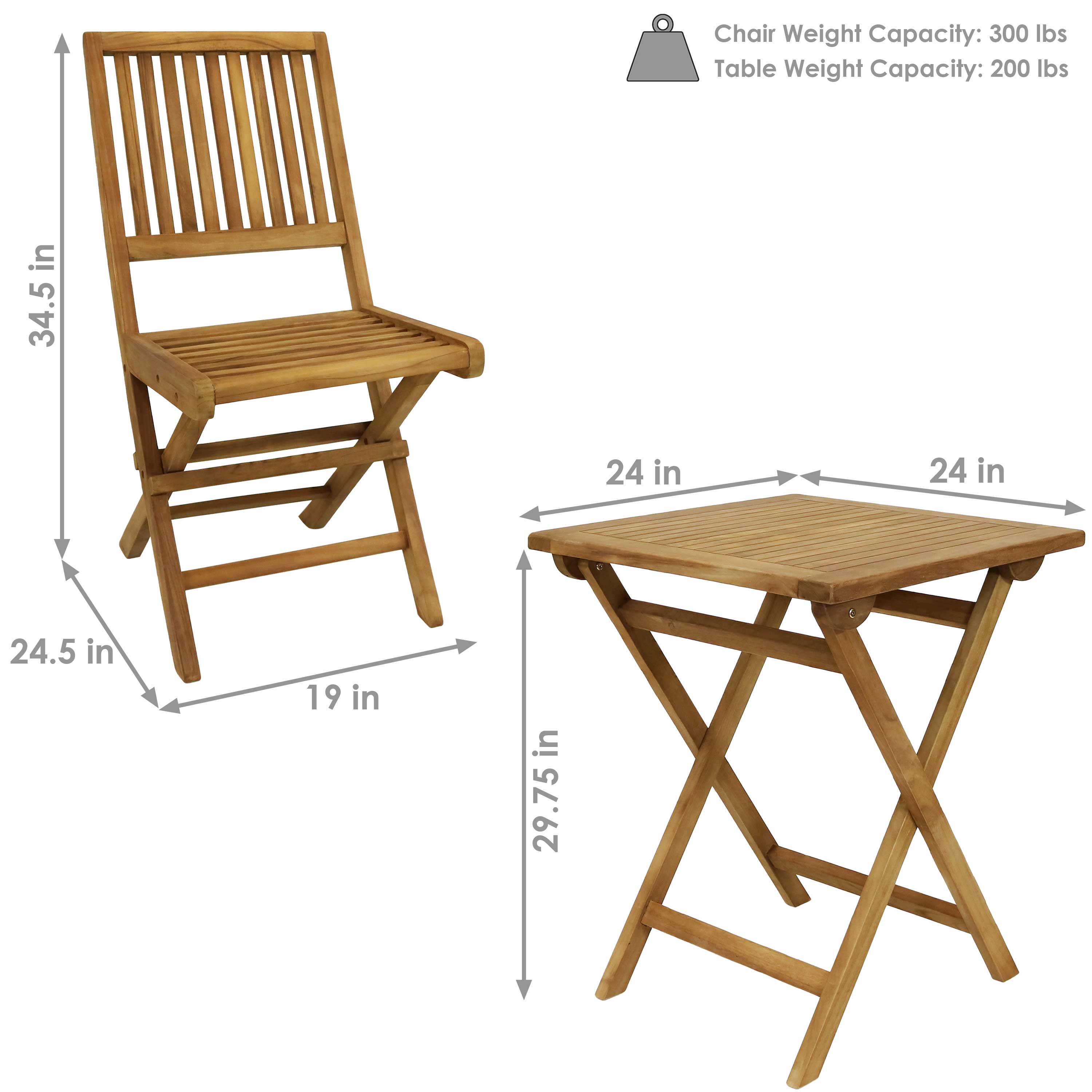 Chair Weight Capacity: 300 lbs  
Table Weight Capacity: 200 lbs  

Dimensions:  
Chair: 34.5 in (height) x 24.5 in (width) x 19 in (depth)  
Table: 24 in (width) x 24 in (length) x 29.75 in (height)