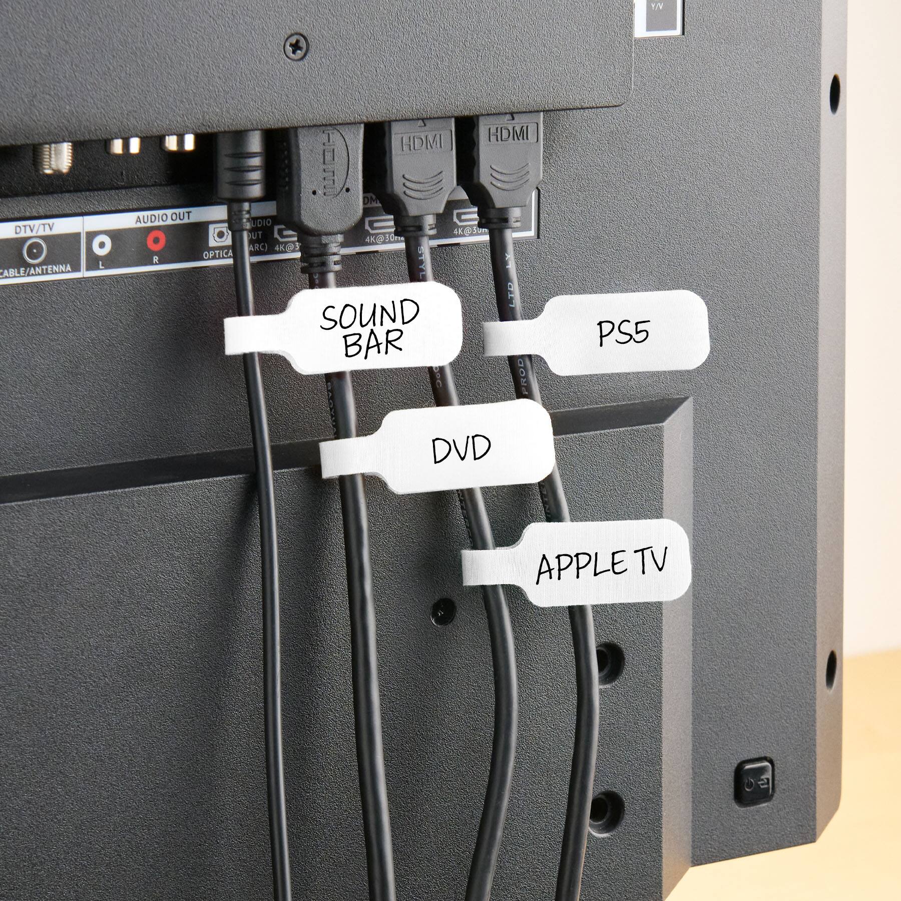 Sure, here is the corrected and grouped text from the image:

- DTV/TV
- CABLE/ANTENNA
- AUDIO OUT
- OPTICA
- HDMI
- HDMI
- HDMI
- PS5
- DVD
- APPLE TV
- SOUND BAR