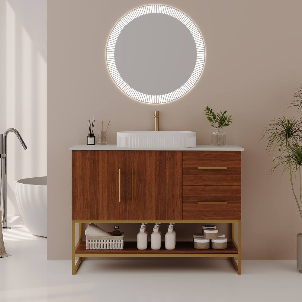 Angle. Loheer - Loheer 36 inch Modern Bathroom Vanity Walnut Freestanding Cabinet with Ceramic Vessel Sink - Walnut, Gold, White.