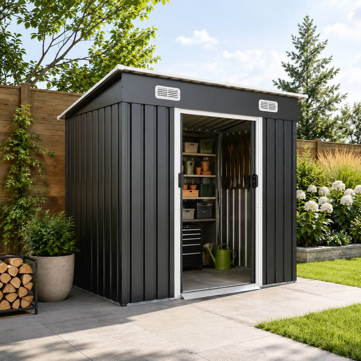 Left. Anysun - 6x4ft Metal Shed – Sliding-Door Outdoor Storage Building with Ventilation Vents & Threshold (6.43 x 4 FT) - Black.