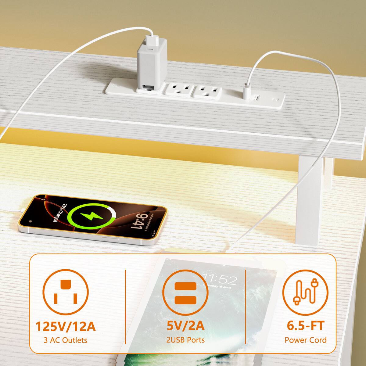 %GL Charged J I 9:41 nde.Spinter Sptete NAP 125V/12A 3 AC Outlets 11:52 vadey - June = 5V/2A 2USB Ports 6.5-FT Power Cord
