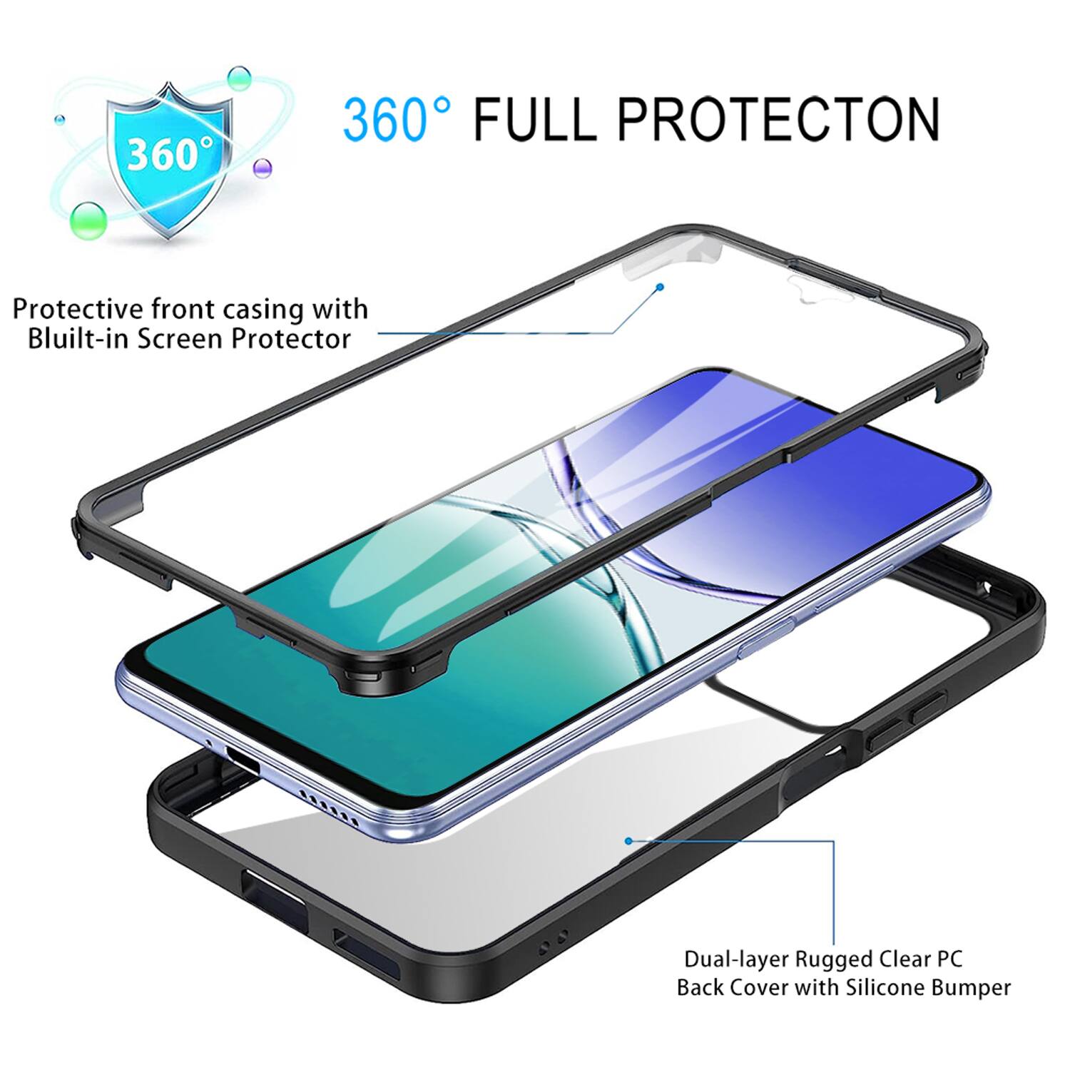 360° FULL PROTECTION

Protective front casing with Built-in Screen Protector

Dual-layer Rugged Clear PC Back Cover with Silicone Bumper