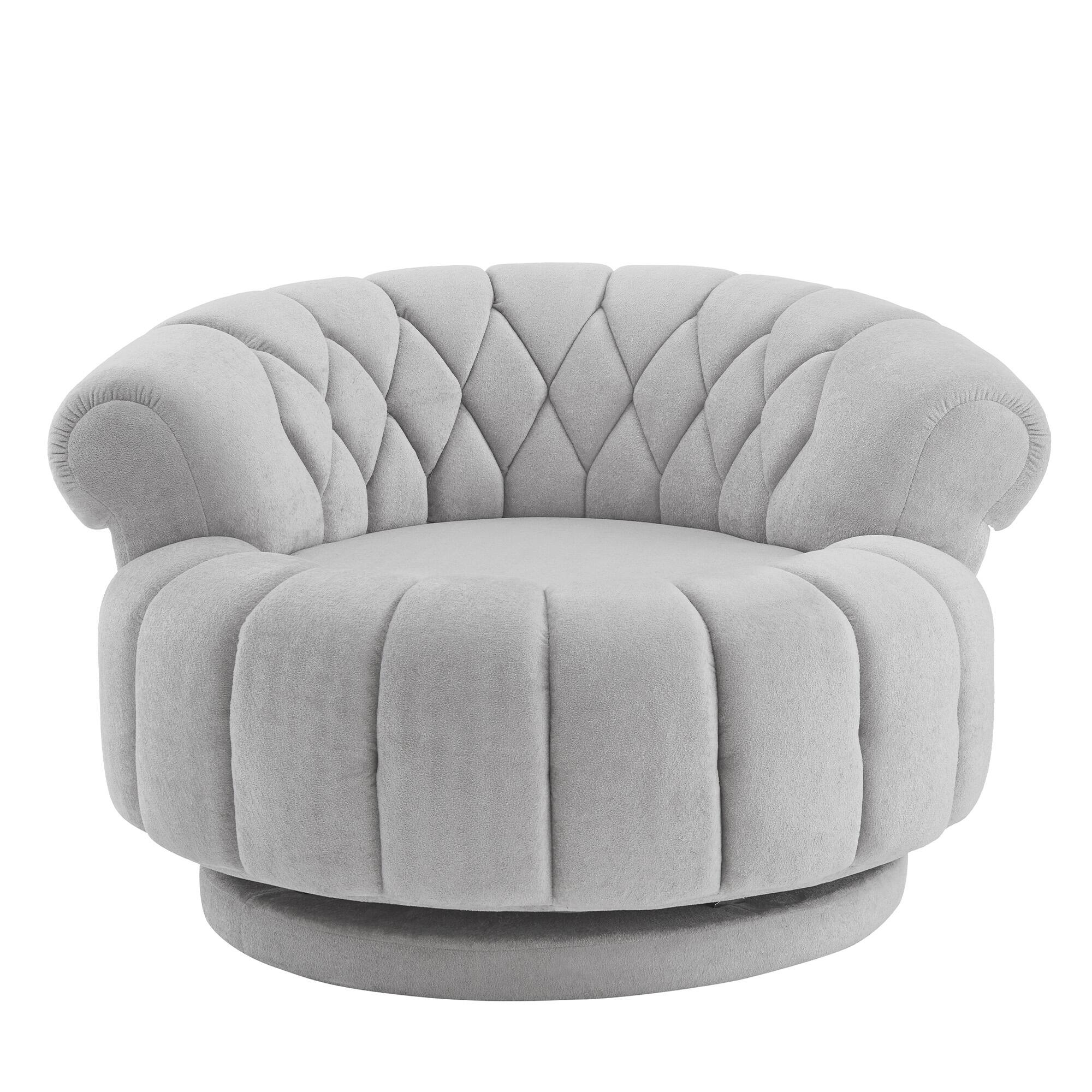 Angle. Whisen - 45.9" Oversized Round Swivel Sofa Accent Chair with Tufted Back and Chenille Upholstery - Gray.