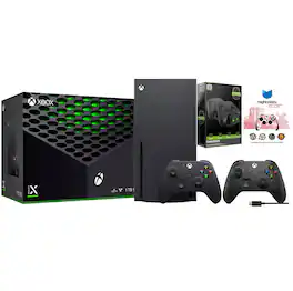 Xbox Series X 1TB Disc Console with Extra Controller, Charge Dock and MightySkins Code Bundle - Black + USB C Cable