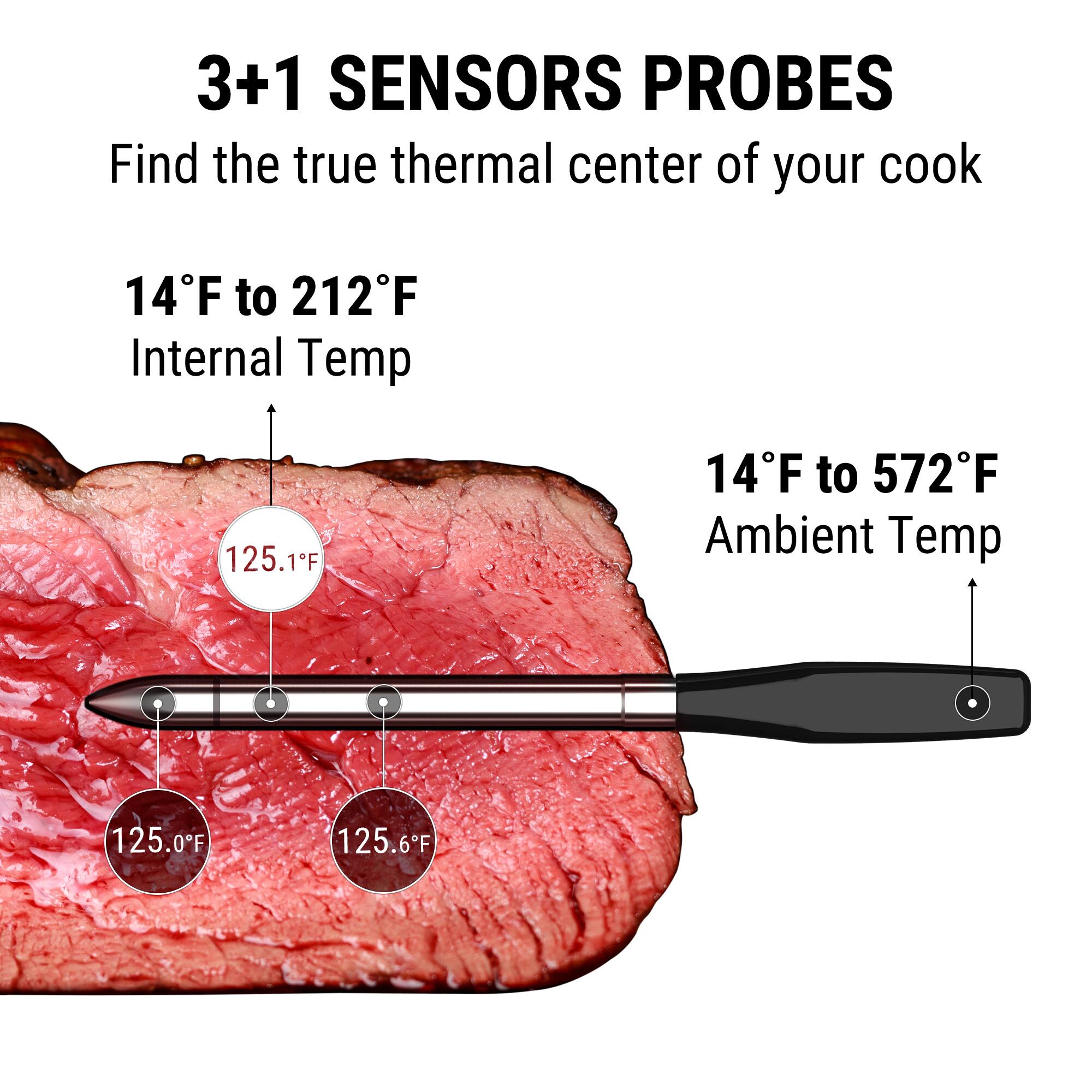 3+1 SENSORS PROBES  
Find the true thermal center of your cook  

14°F to 212°F  
Internal Temp  

14°F to 572°F  
Ambient Temp  

125.1°F  
125.0°F  
125.6°F