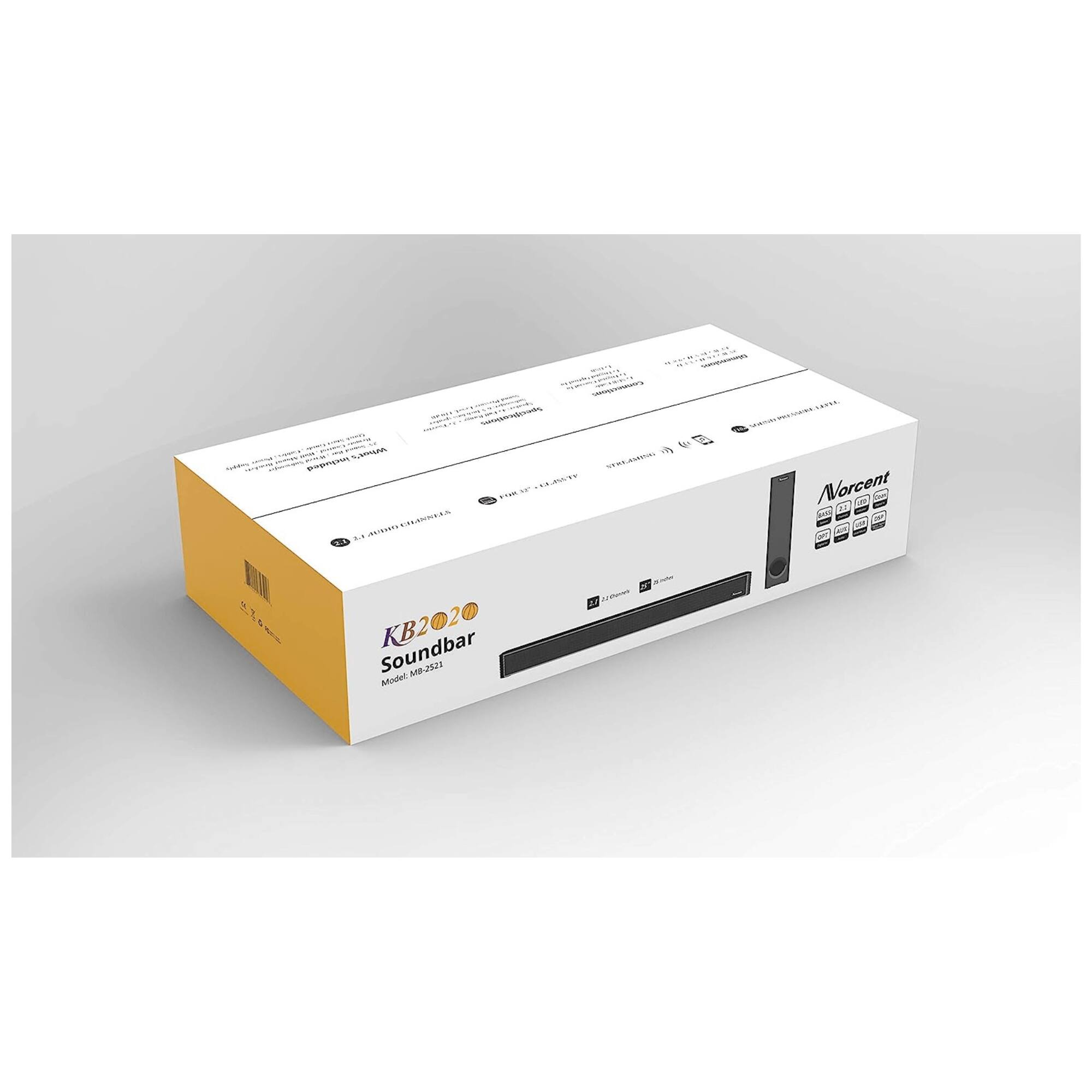 Sure, here is the corrected and grouped text from the image:

---

**Norcent**

**KB2020 Soundbar**  
Model: MB-5521

---

**Specifications:**

- **Audio Output:** 2.1 Channel
- **Frequency Response:** 60Hz - 20kHz
- **Power Output:** 20W RMS
- **Inputs:** Optical, AUX
- **Dimensions:** 1100 x 60 x 80 mm
- **Weight:** 2.5 kg

---

**Features:**

- Bluetooth Connectivity
- USB and SD Card Support
- FM Radio
- Remote Control Included

---

**Warranty:** 1 Year

---

**CE Marking**

---

**Made in China**

---

**Barcode:** [Barcode Image]

---

**Additional Information:**

- **Power Supply:** 100-240V, 50/60Hz
- **Dimensions:** 1100 x 60 x 80 mm
- **Weight:** 2.5 kg

---

**Warning:**  
Do not expose to moisture or direct sunlight. Keep away from heat sources.

---

**Company Information:**

- **