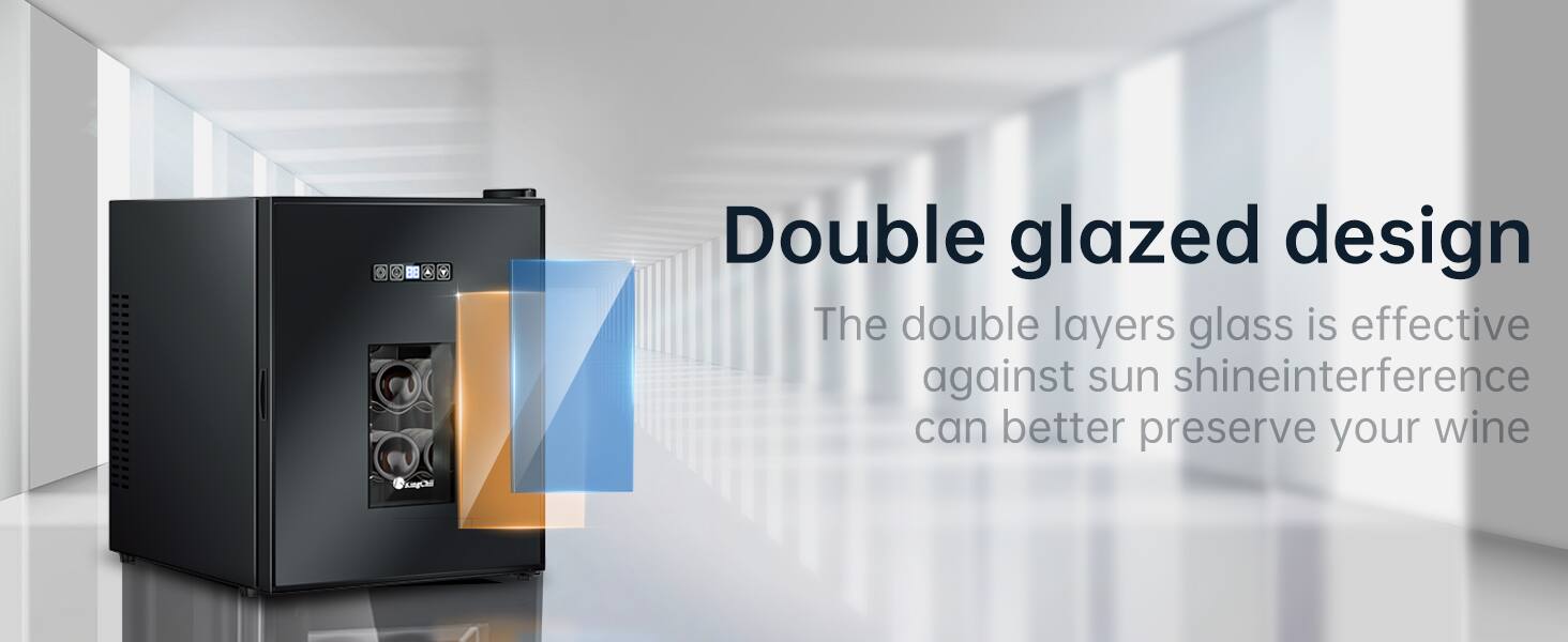 Double glazed design  
The double layers glass is effective against sun shine interference and can better preserve your wine.