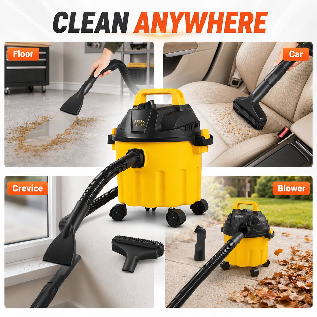 CLEAN ANYWHERE  
Floor  
Car  
Crevice  
Blower