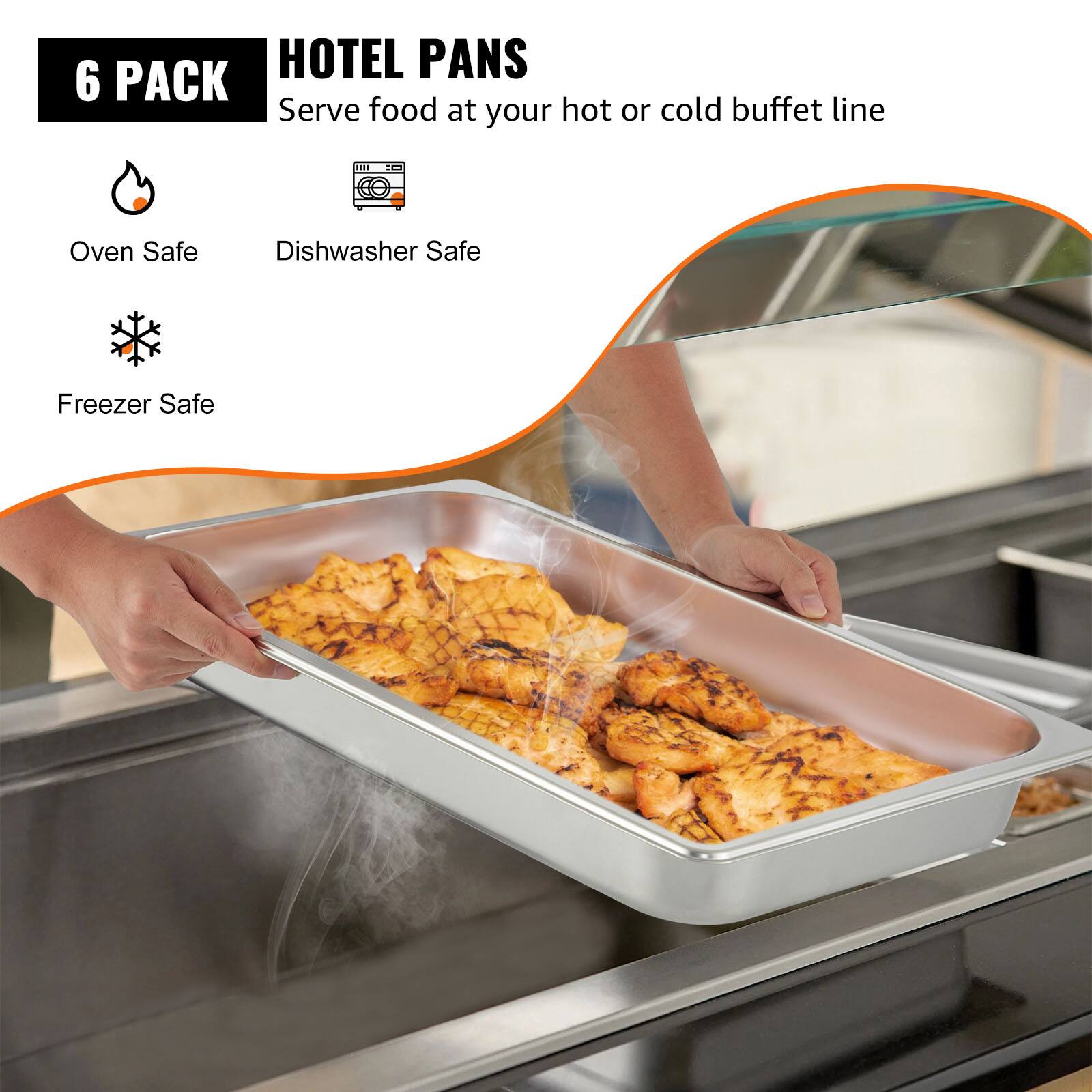 6 PACK  
HOTEL PANS  
Serve food at your hot or cold buffet line  

- Oven Safe  
- Dishwasher Safe  
- Freezer Safe