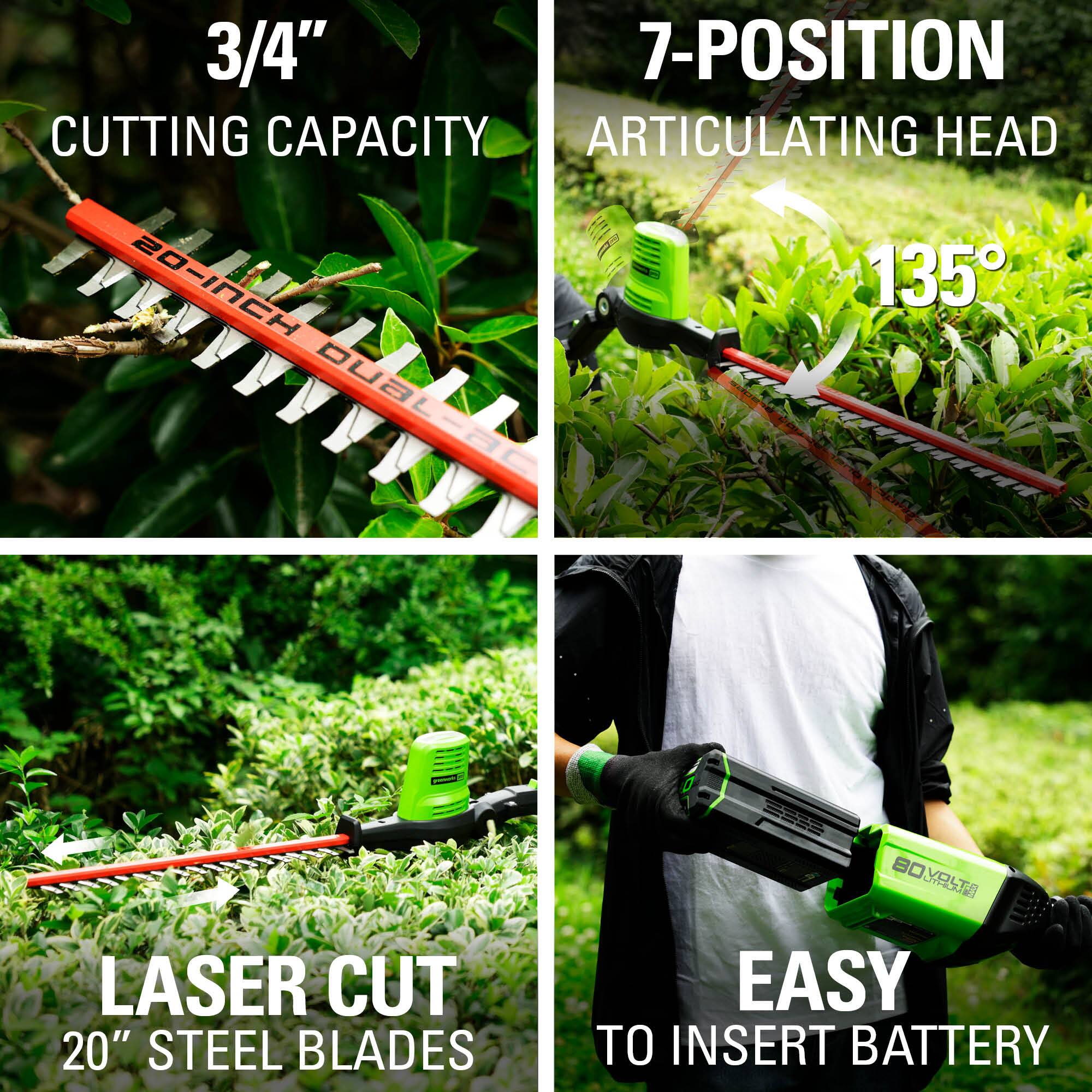 3/4" Cutting Capacity  
7-Position Articulating Head  
135°  
20" Dual Laser Cut Steel Blades  
Easy to Insert Battery