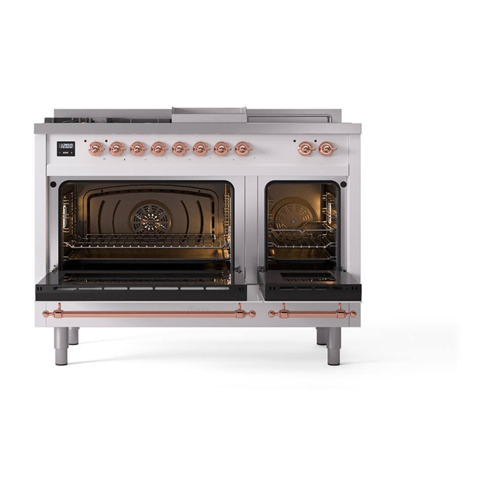 Alt View 4. ILVE - ILVE Nostalgie II Series 48 in. Dual Fuel Range with 5 Sealed Burners + Griddle (Natural Gas, Copper Trim) - White.