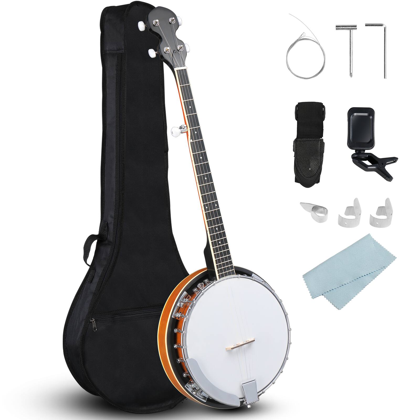 Front. Ktaxon - 5 String Banjo, Full Size, Sapele Back, Right Handed, Mahogany Neck 38 Inch Closed Back Banjo in Brown Finish with Maple.