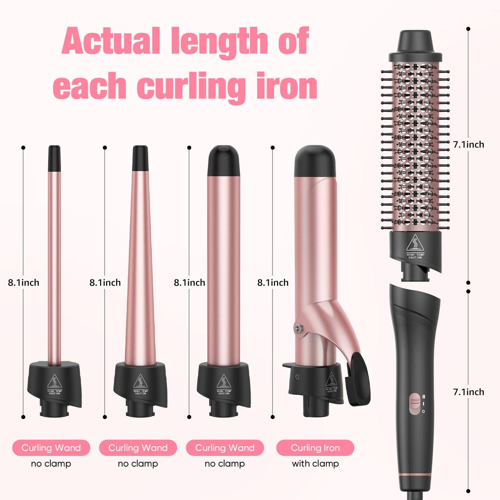 Actual length of each curling iron

- Curling Wand no clamp: 8.1 inch
- Curling Wand no clamp: 8.1 inch
- Curling Wand no clamp: 8.1 inch
- Curling Iron with clamp: 8.1 inch
- Curling Wand with clamp: 7.1 inch