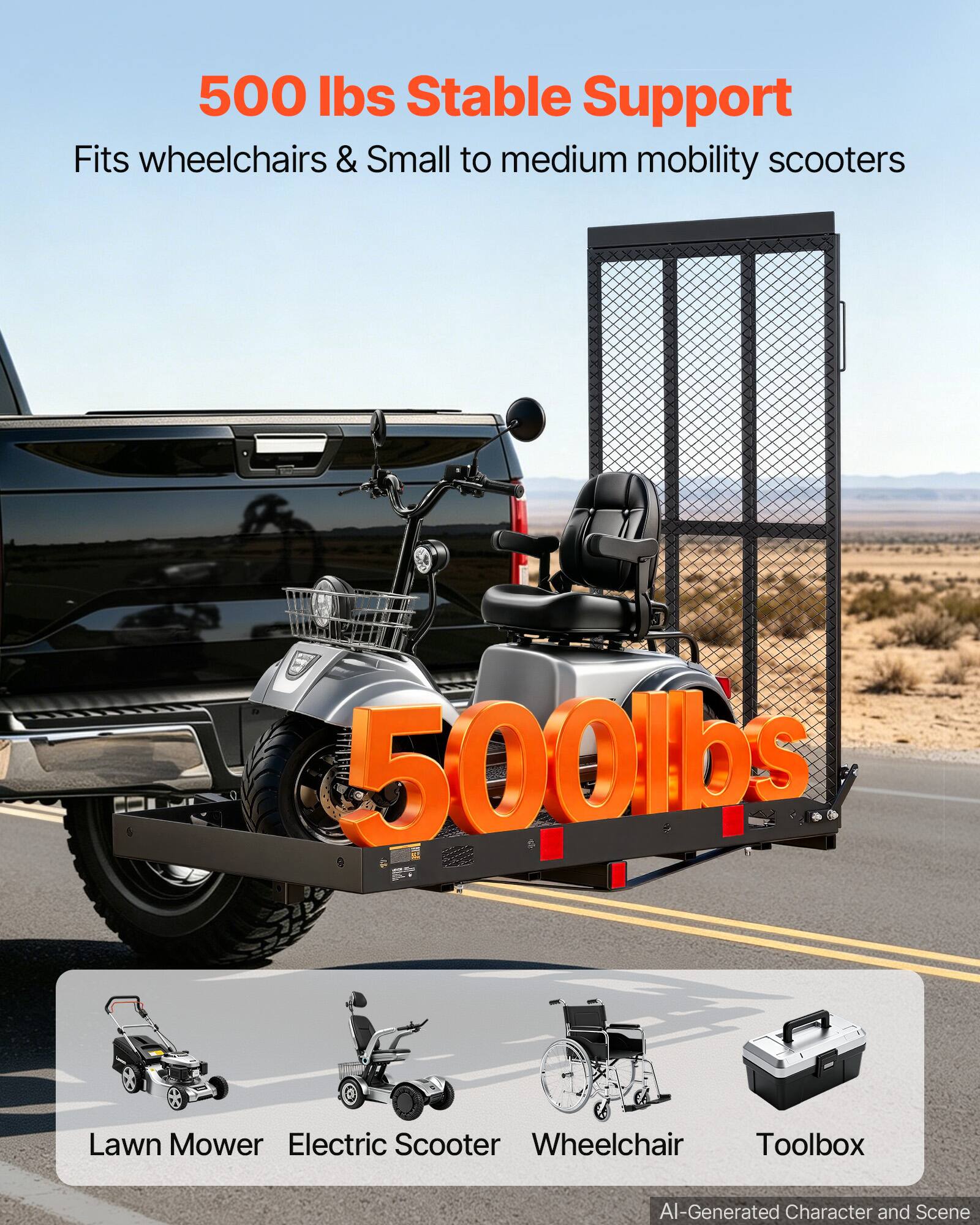 500 lbs Stable Support  
Fits wheelchairs & Small to medium mobility scooters  

500 lbs  

Lawn Mower  
Electric Scooter  
Wheelchair  
Toolbox  

AI-Generated Character and Scene