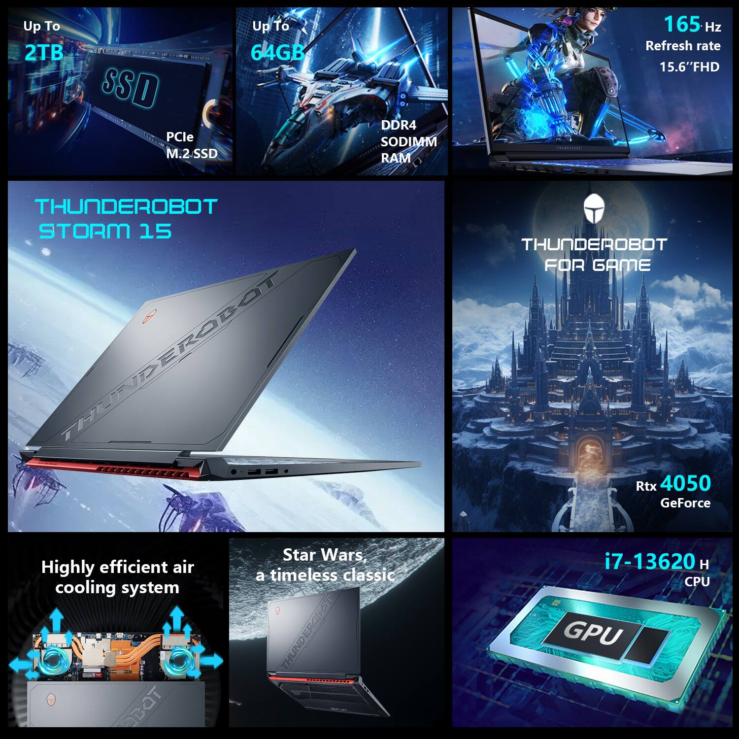 - Up to 2TB PCIe M.2 SSD
- Up to 64GB DDR4 SODIMM RAM
- 165 Hz Refresh rate
- 15.6" FHD
- THUNDEROBOT STORM 15
- THUNDEROBOT FOR GAME
- Rtx 4050 GeForce
- i7-13620 H CPU
- Highly efficient air cooling system
- Star Wars, a timeless classic
