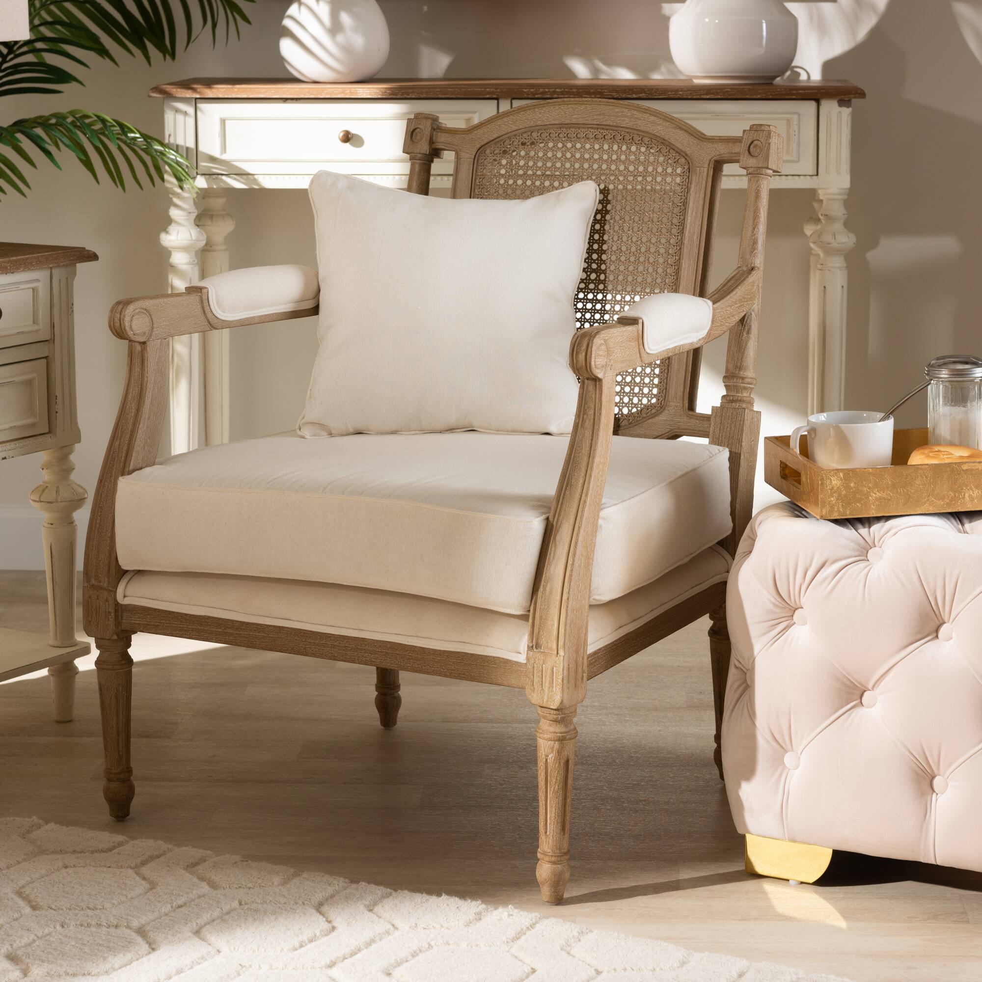 Alt View 4. Baxton Studio - Clemence French Provincial Ivory Fabric Upholstered Whitewashed Wood Armchair - Ivory/Oak.