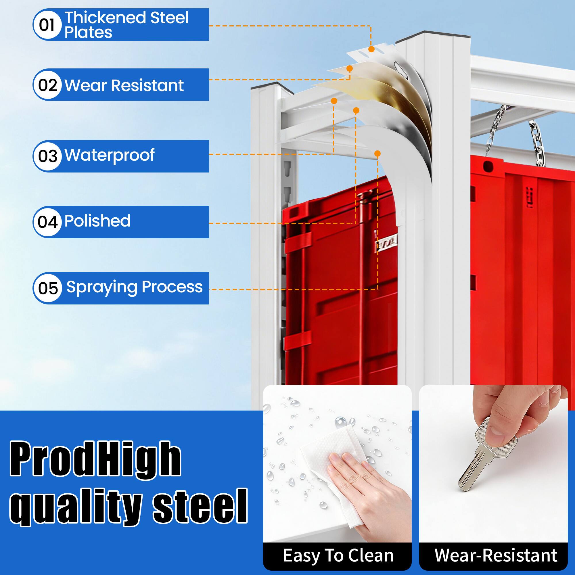 Thickened Steel 01 Plates 02 Wear Resistant 03 Waterproof 04 Polished 05 Spraying Process

ProdHigh quality steel

Easy To Clean

Wear-Resistant