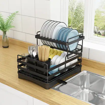 Front. Adivo - 2 tier Dish Drainer Kitchen Counter Dish Rack with Cutlery Holder, Drip Tray-33CM - Black.